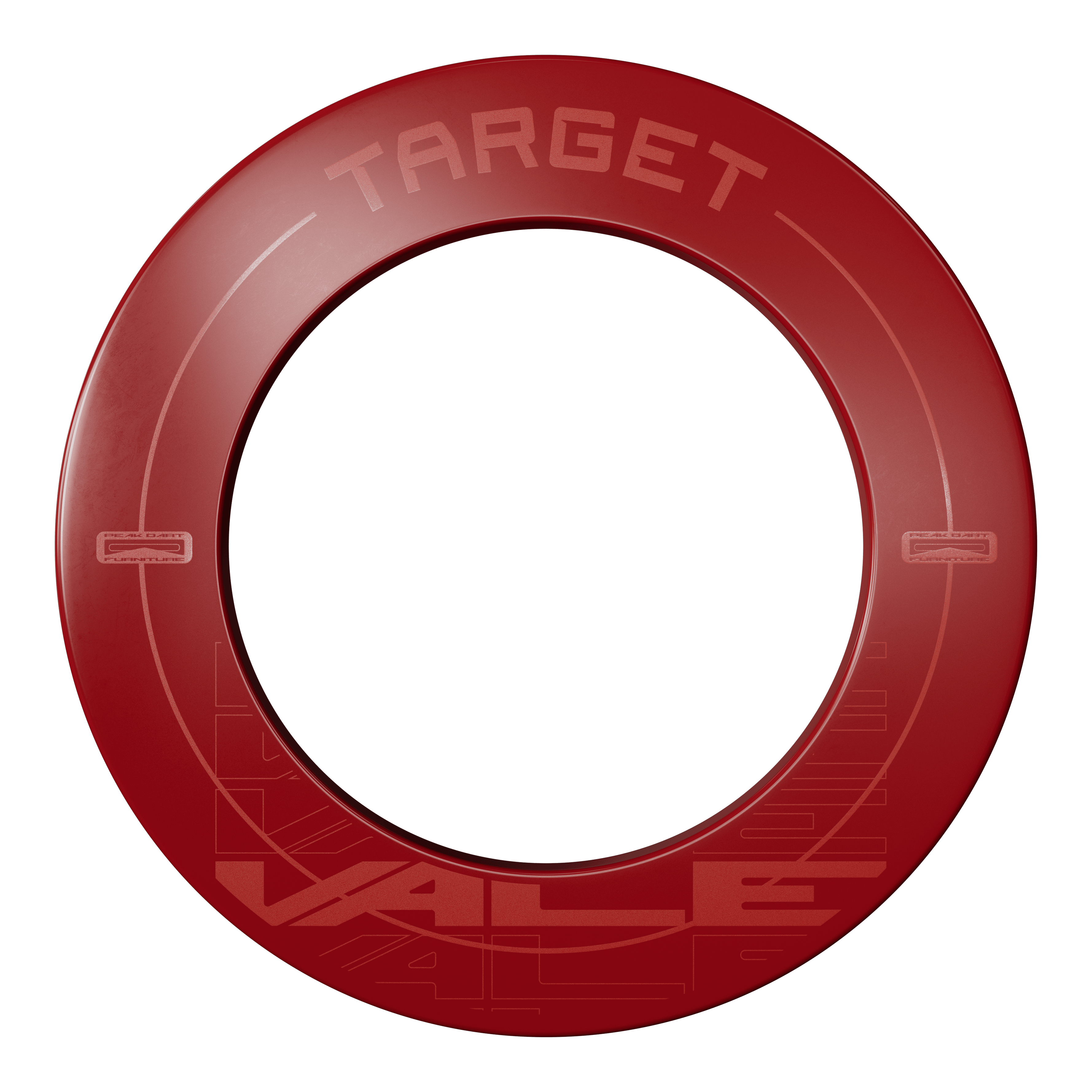 Obložení terče Target VALE Das Bild zeigt einen roten Dartboard-Surround mit der Aufschrift "TARGET VALE". Der Surround ist rund und schützt die Wand rund um die Dartscheibe.
