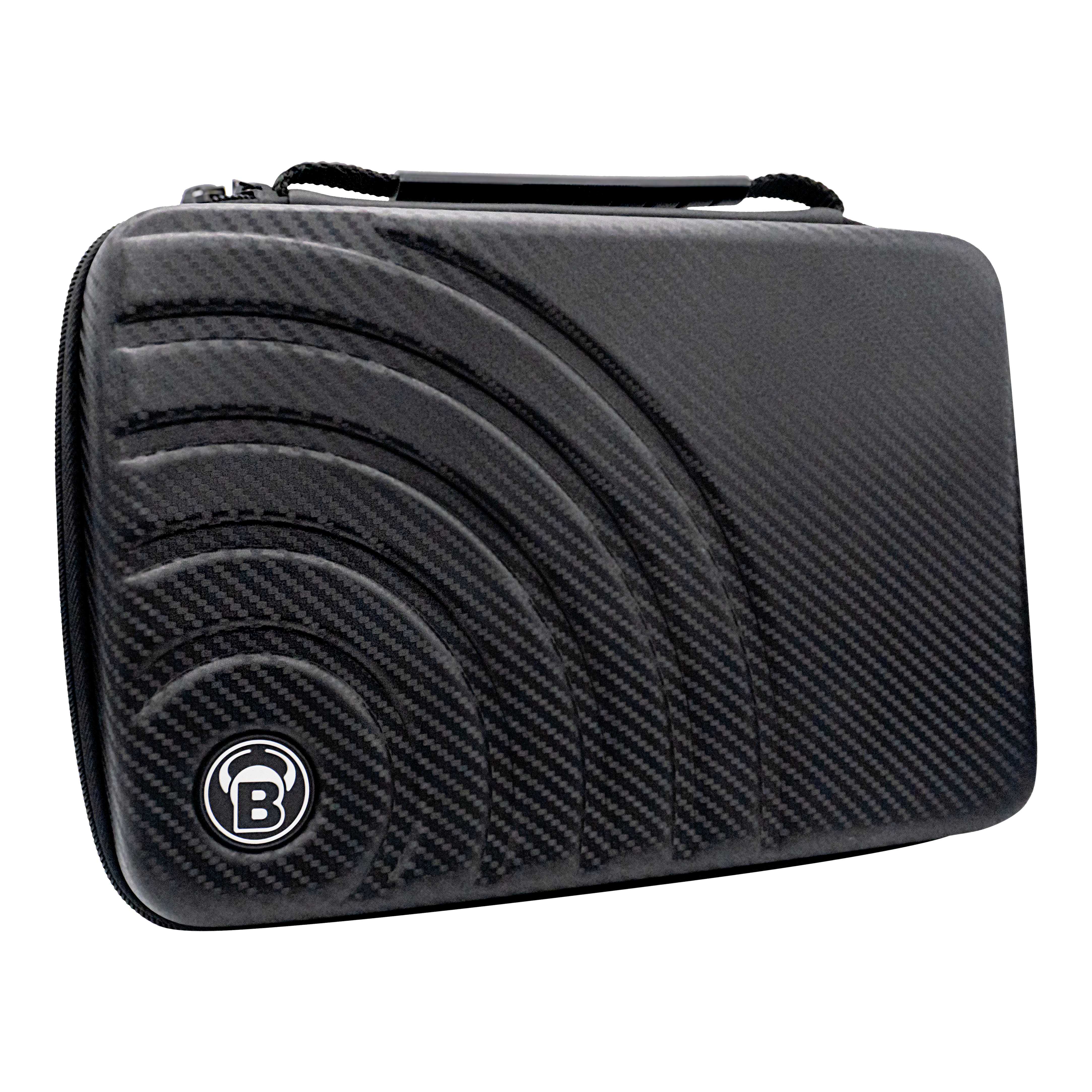 Pouzdro na šipky Bulls Orbis XXL - karbonově šedé Das Bild zeigt das "Bulls Orbis XXL Dartcase" in Carbongrau. Das Etui hat ein modernes, karbonähnliches Design mit einem eingelassenen Muster und dem Bulls-Logo.