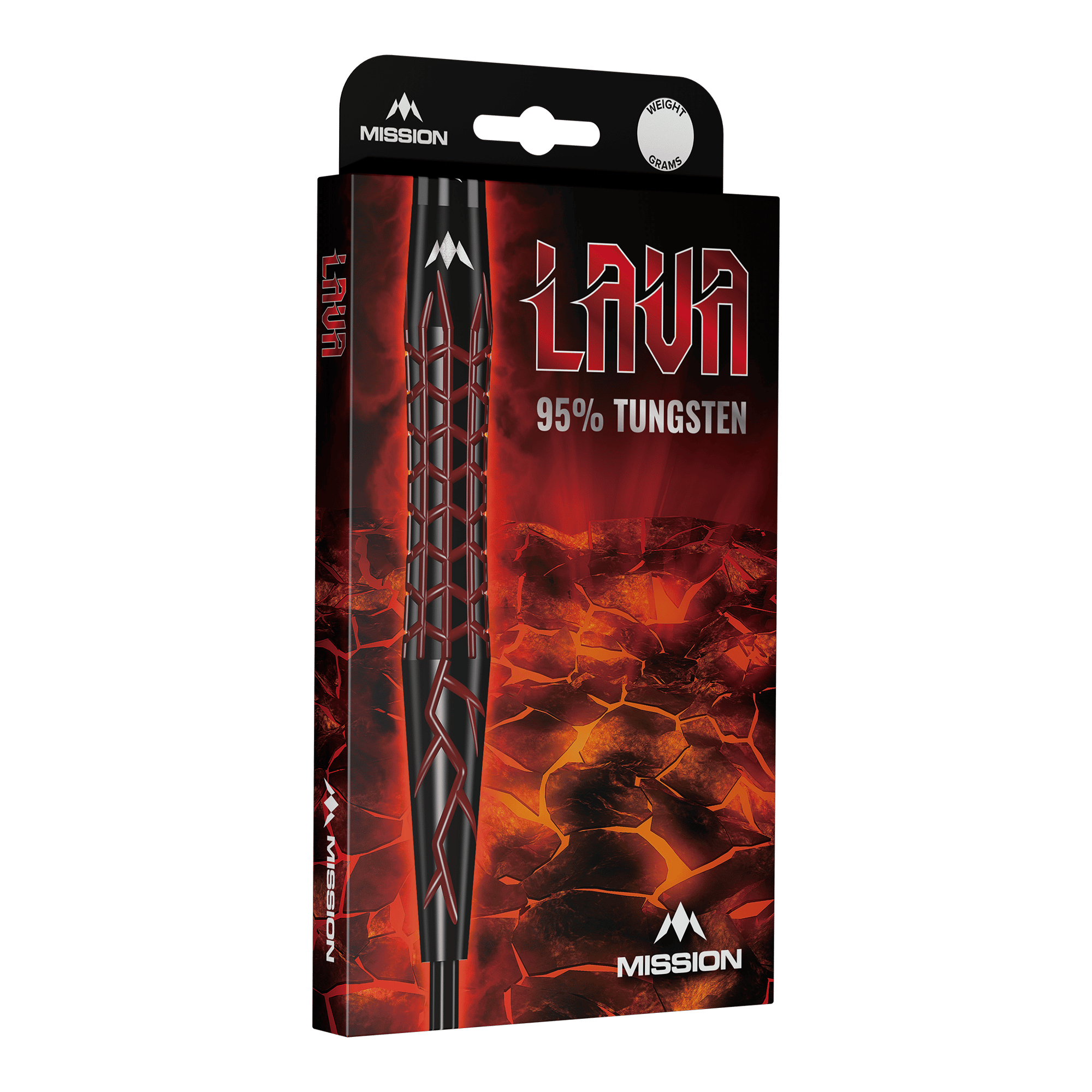 Mise Lava Steeldarts Die Abbildung zeigt die Verpackung der Mission Lava Steeldarts. Auf der Schachtel steht "Lava 95% Tungsten" vor einem feurigen Lava-Hintergrund.