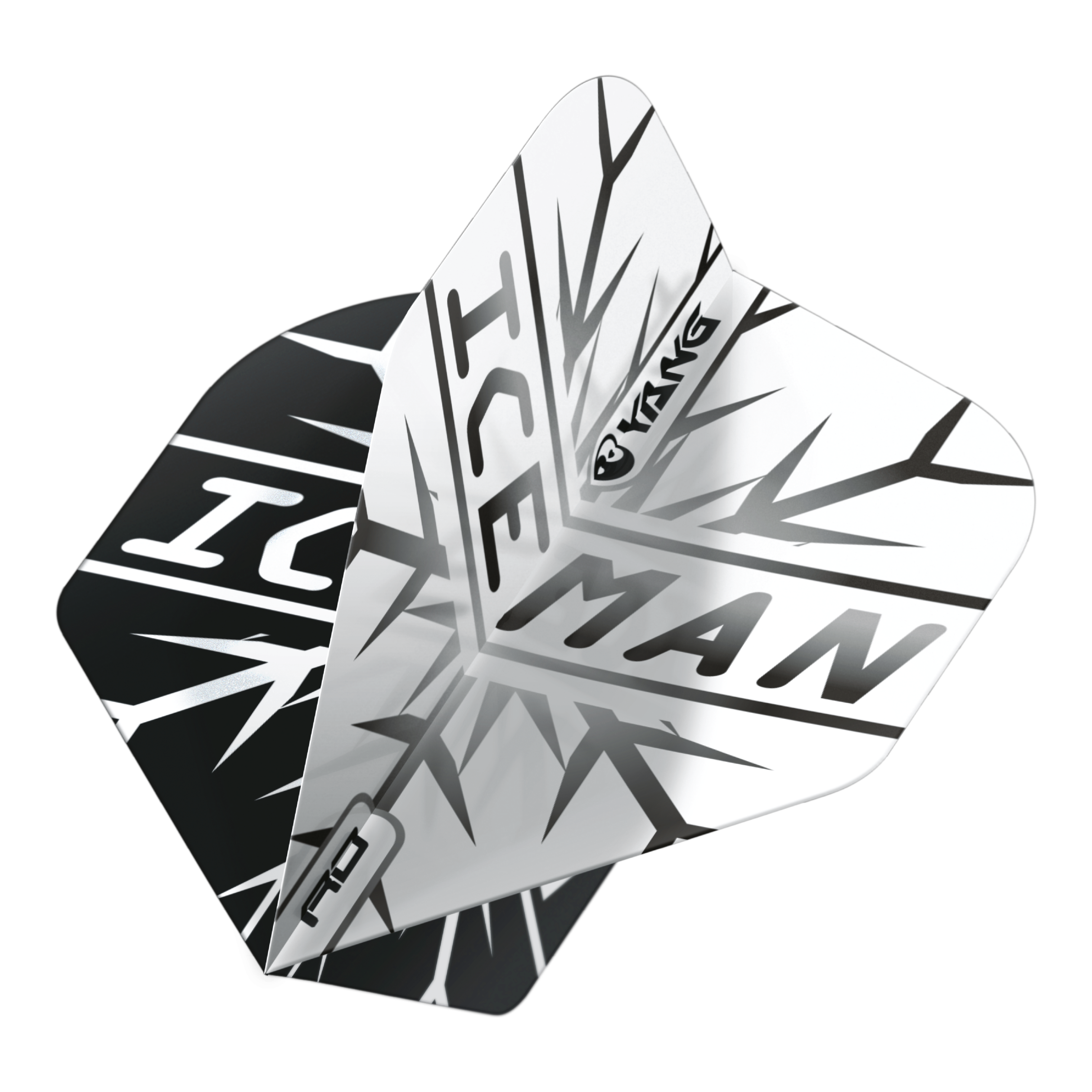 Das Bild zeigt zwei Dartflights in Schwarz und Weiß mit dem Schriftzug "ICEMAN" und einem auffälligen Eismuster. Auf den Flights ist zudem das Wort "Yin Yang" zu sehen.