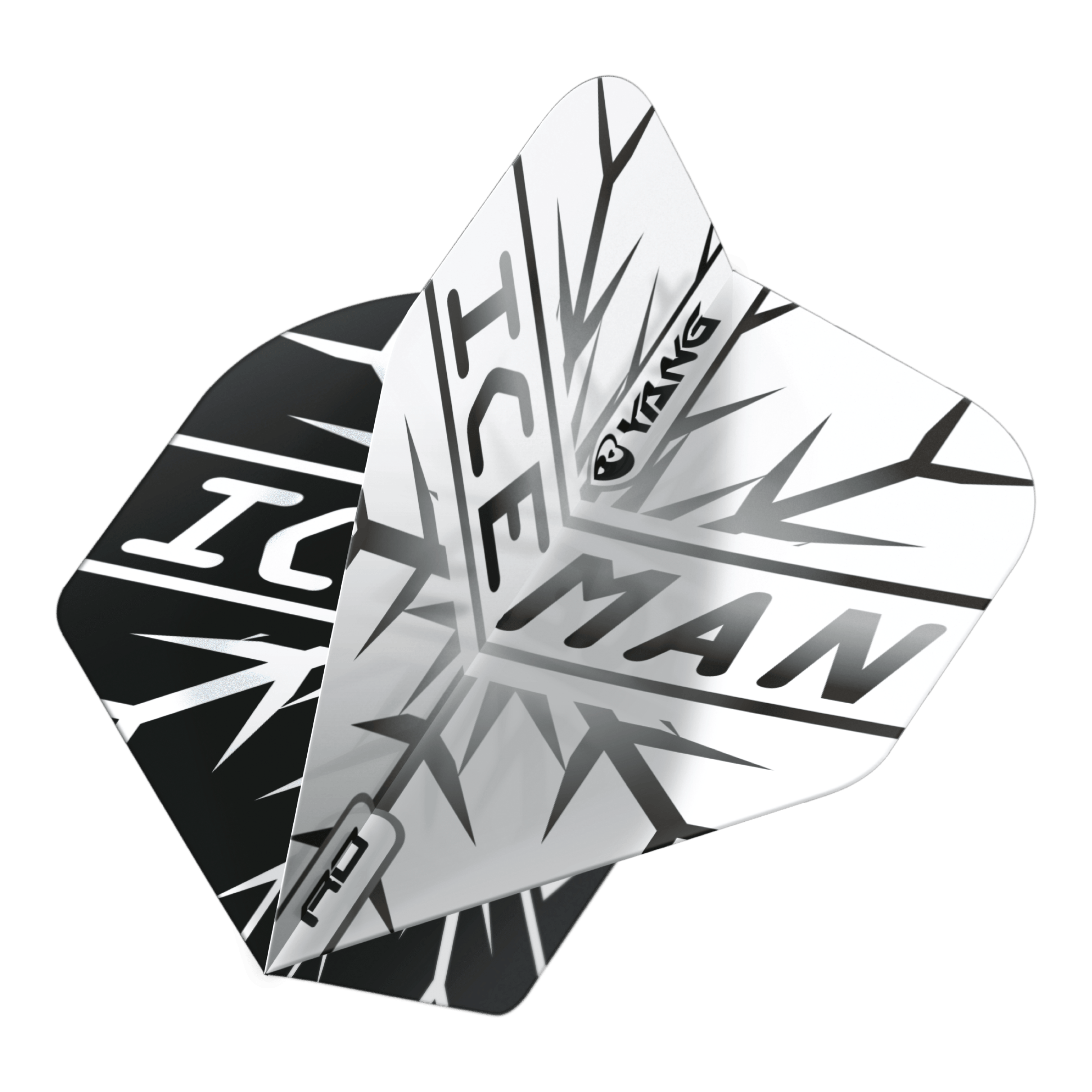 Red Dragon Gerwyn Price Iceman Černá Bílá Yin Yang Standardní lety Das Bild zeigt zwei Dartflights in Schwarz und Weiß mit dem Schriftzug "ICEMAN" und einem auffälligen Eismuster. Auf den Flights ist zudem das Wort "Yin Yang" zu sehen.