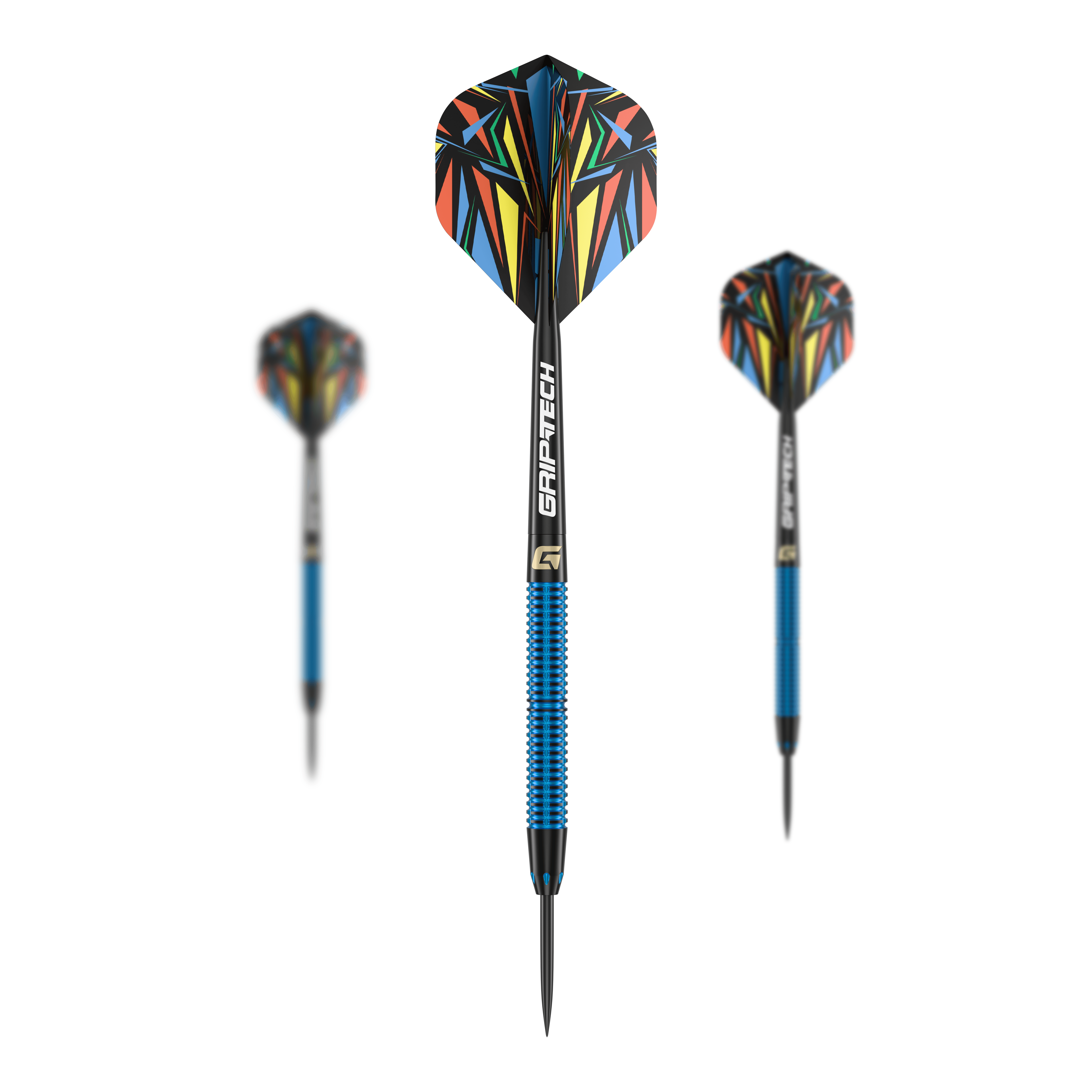 Steeldarts GOAT Athlete modré mosazné - 12g Das Bild zeigt drei Steeldarts des Produkts "GOAT Athlete Blue Brass Steeldarts - 12g". Die Darts haben blaue Griffe und bunte Flights mit einem auffälligen Muster.