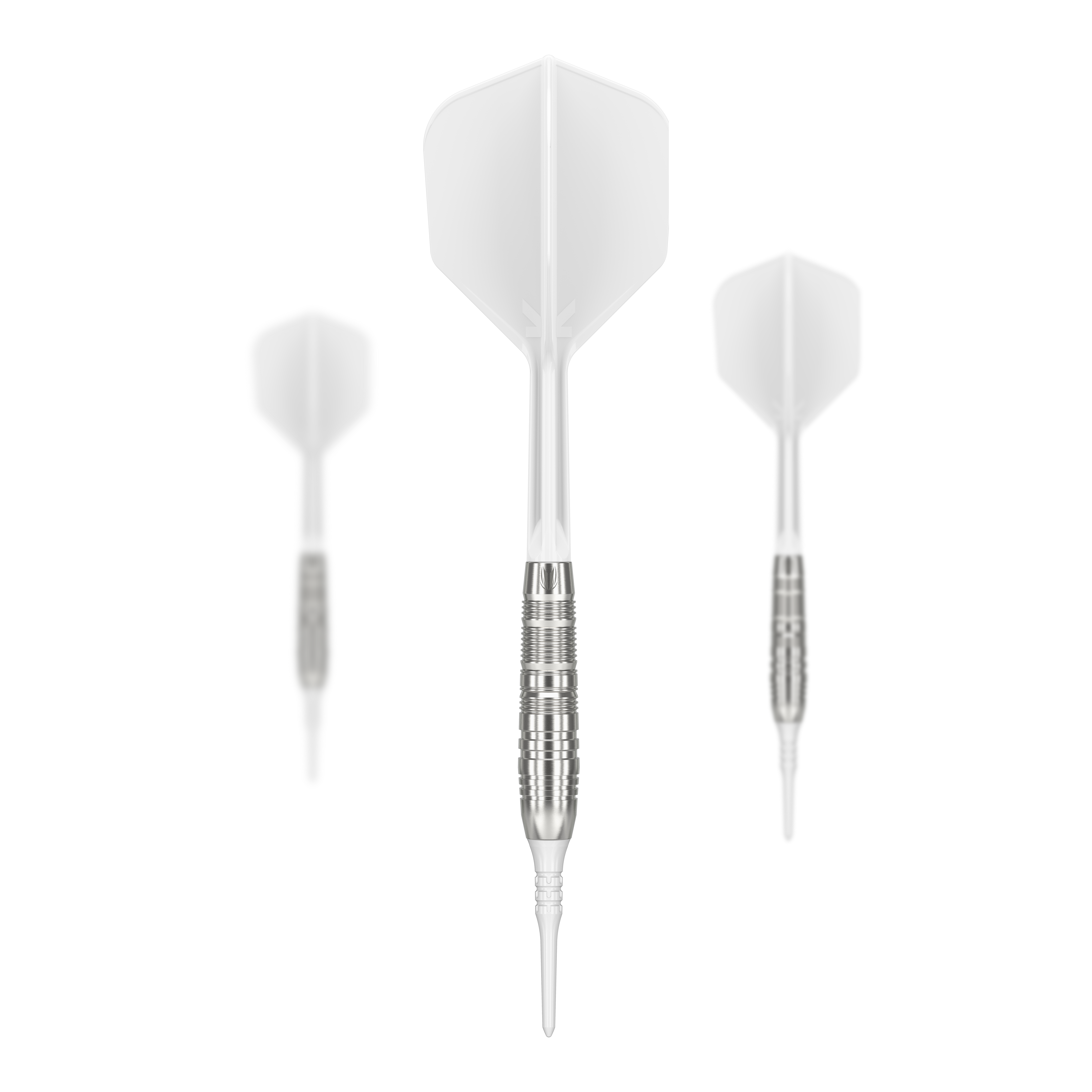 Měkké šipky Target Japan Crux Trust - 17g Das Bild zeigt drei weiße Softdarts des Produkts „Target Japan Crux Trust Softdarts - 17g“. Die Darts haben silberne Griffe und weiße Flights.