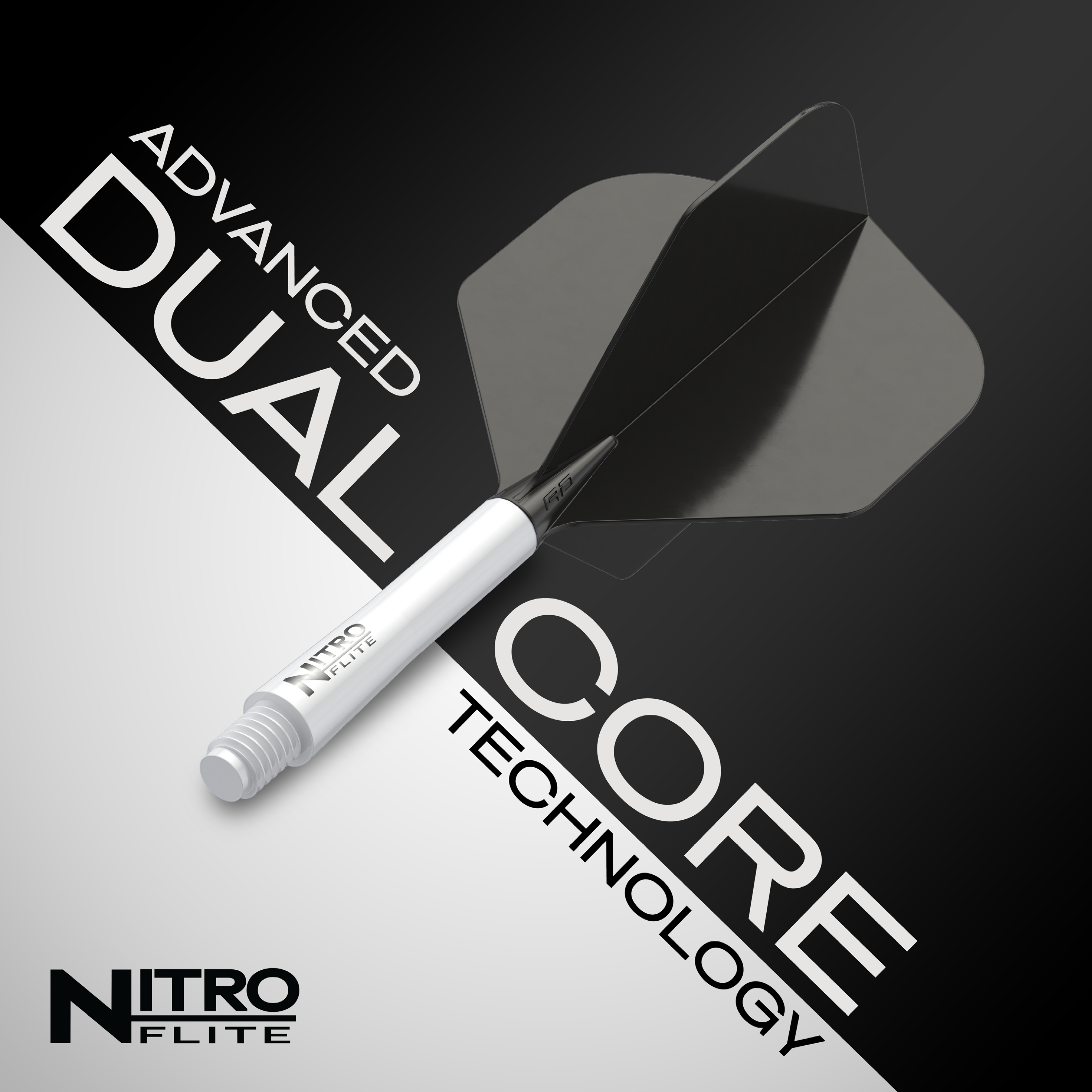 Red Dragon Nitroplte - White Shaft Black No2 Flights Das Bild zeigt das Produkt „Red Dragon Nitroflite – Weißer Schaft, schwarze No2 Flights“. Im Hintergrund steht in großen Buchstaben „Advanced Dual Core Technology“.