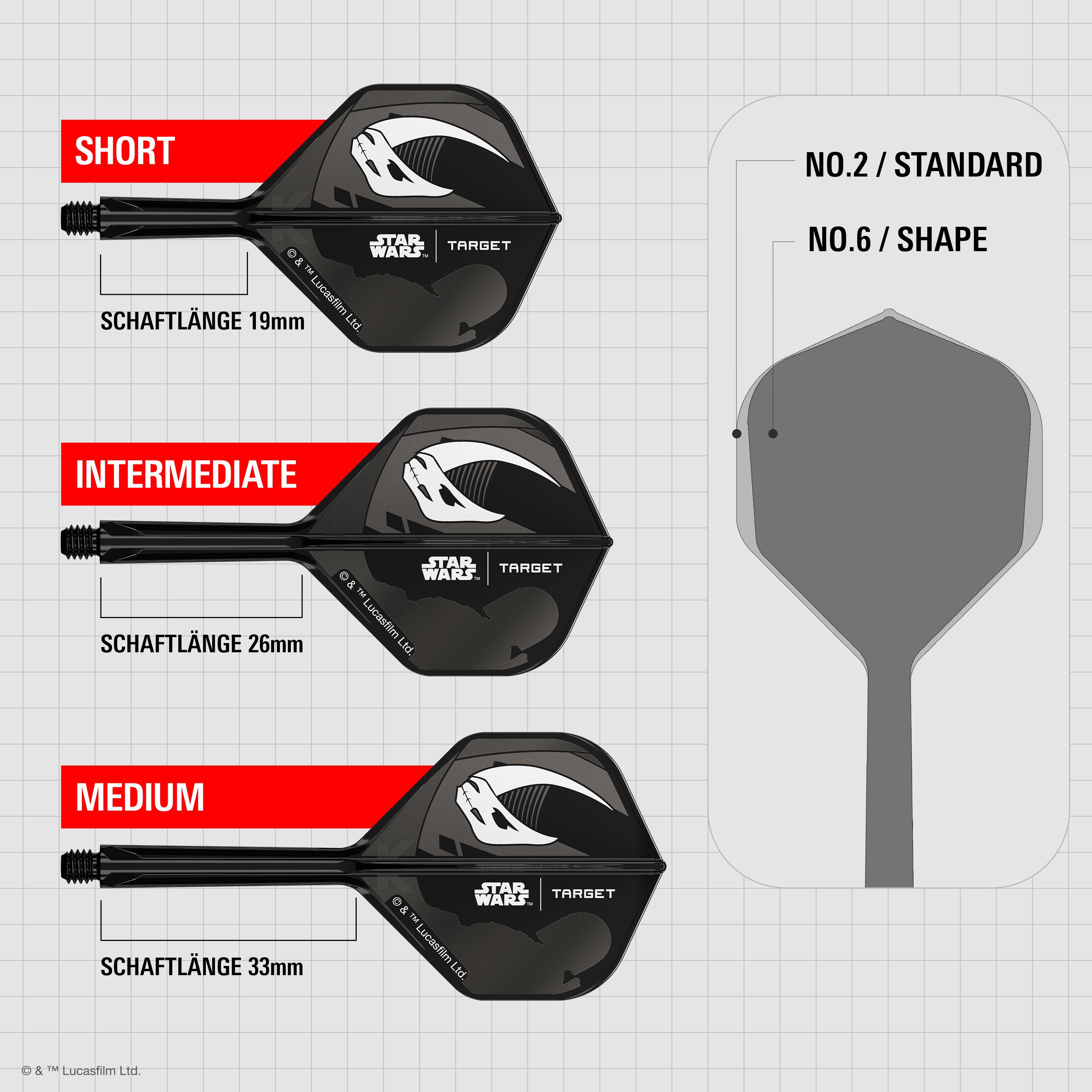 Target Star Wars K-Flex Set Mandalorian No6 Flights Das Bild zeigt das Target Star Wars K-Flex-Set Mandalorian No2 Standard Flights. Es handelt sich um zwei Dart Flights mit Mandalorian-Motiv aus Star Wars.