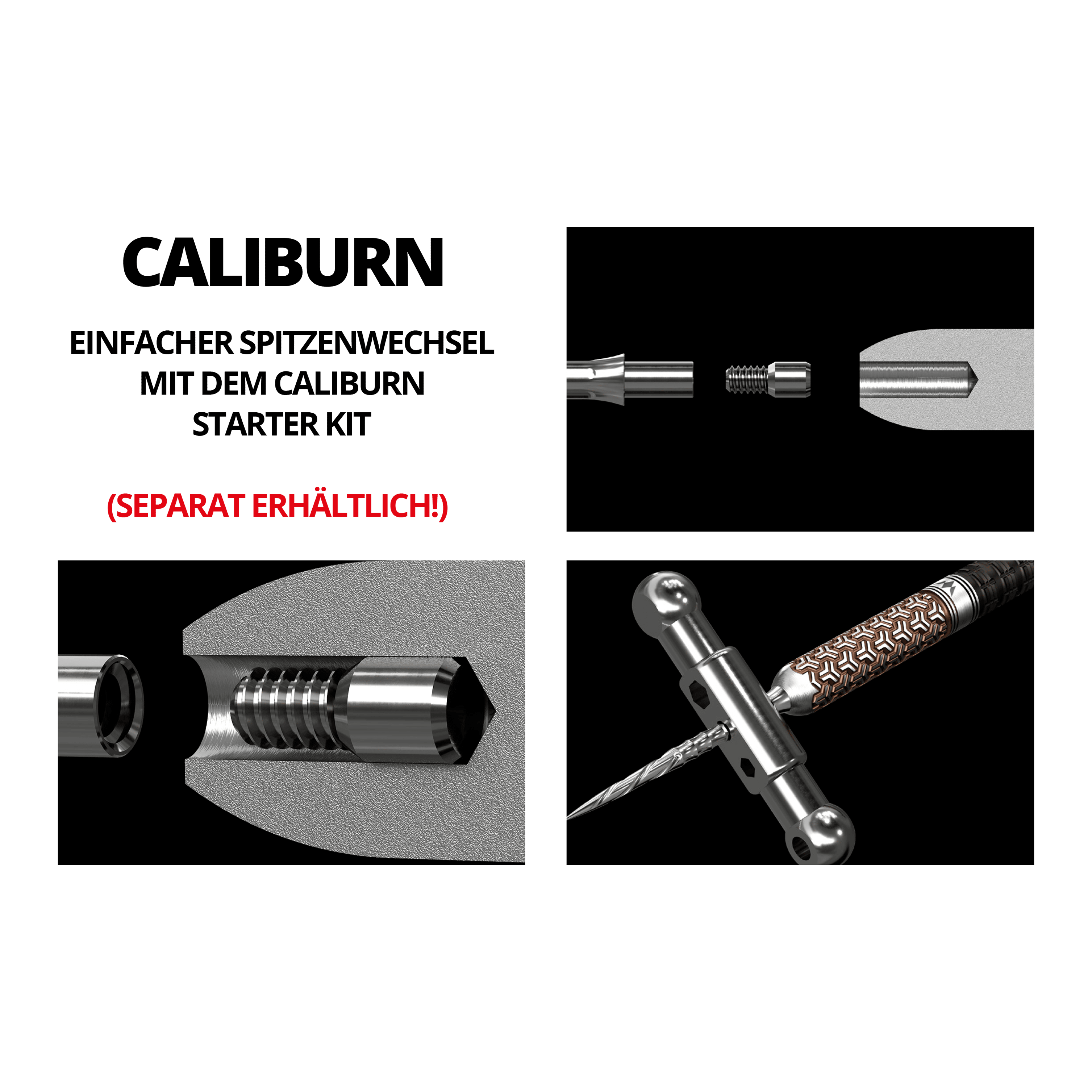Caliburn System Steel Dart Tips - Ripple - NoLip - Black Das Bild zeigt verschiedene technische Zeichnungen und Werkzeuge für das Mission Caliburn EVO System mit Steeldartspitzen. In roter Schrift steht "SEPARAT ERHÄLTLICH!" auf dem Bild.