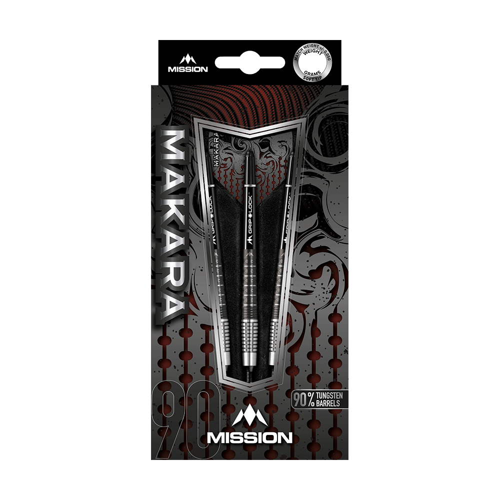 Měkké šipky Mission Makara M2 - 20g Das Bild zeigt die Verpackung der Mission Makara M2 Softdarts mit einem Gewicht von 20g. Die Darts bestehen zu 90 % aus Tungsten und sind ansprechend gestaltet.