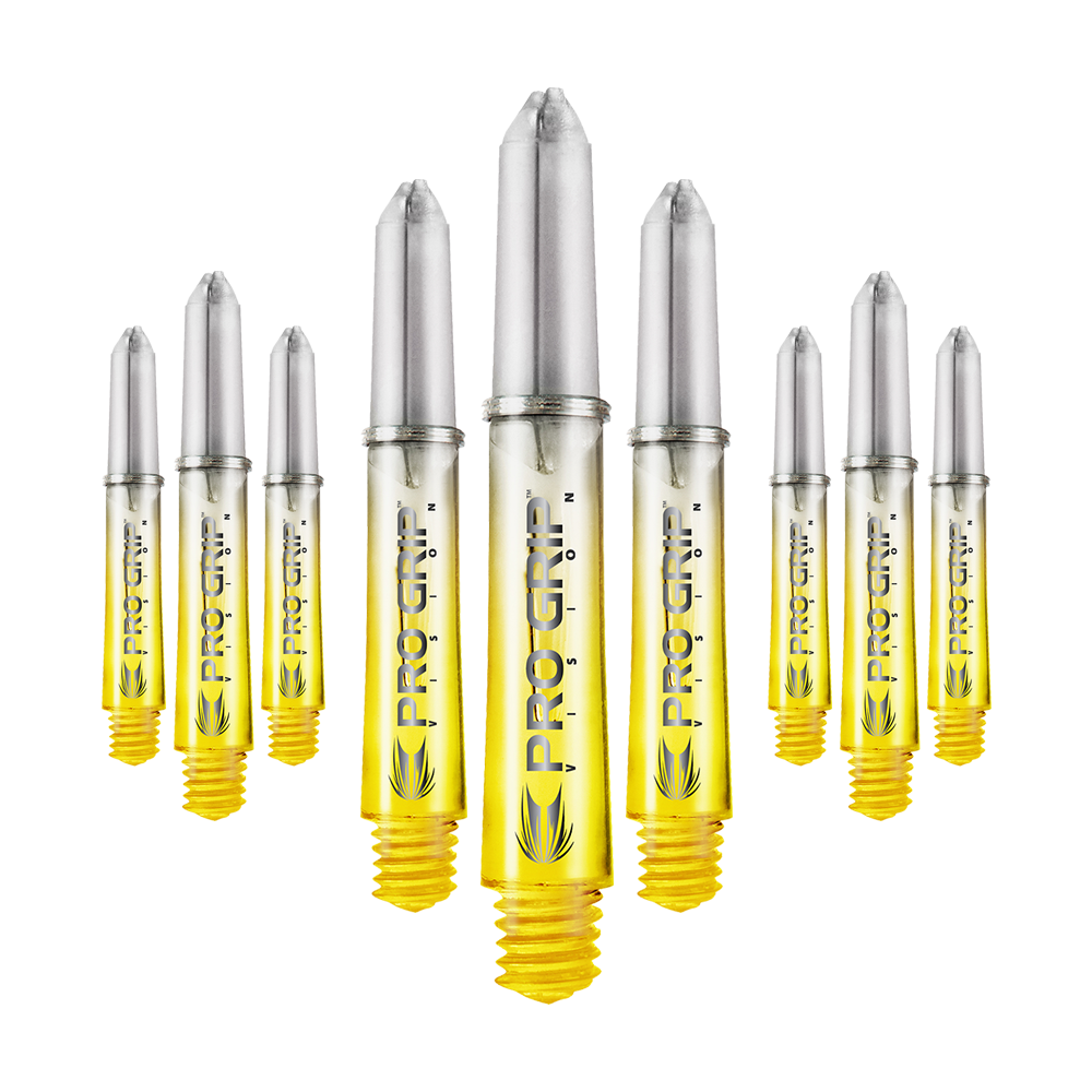Násadky Target Pro Grip Vision - 3 sady - žluté Das Bild zeigt neun gelbe Dartschäfte mit silberfarbenen Spitzen, auf denen "PRO GRIP VISION" steht. Sie sind in einer leicht gebogenen Reihe angeordnet.