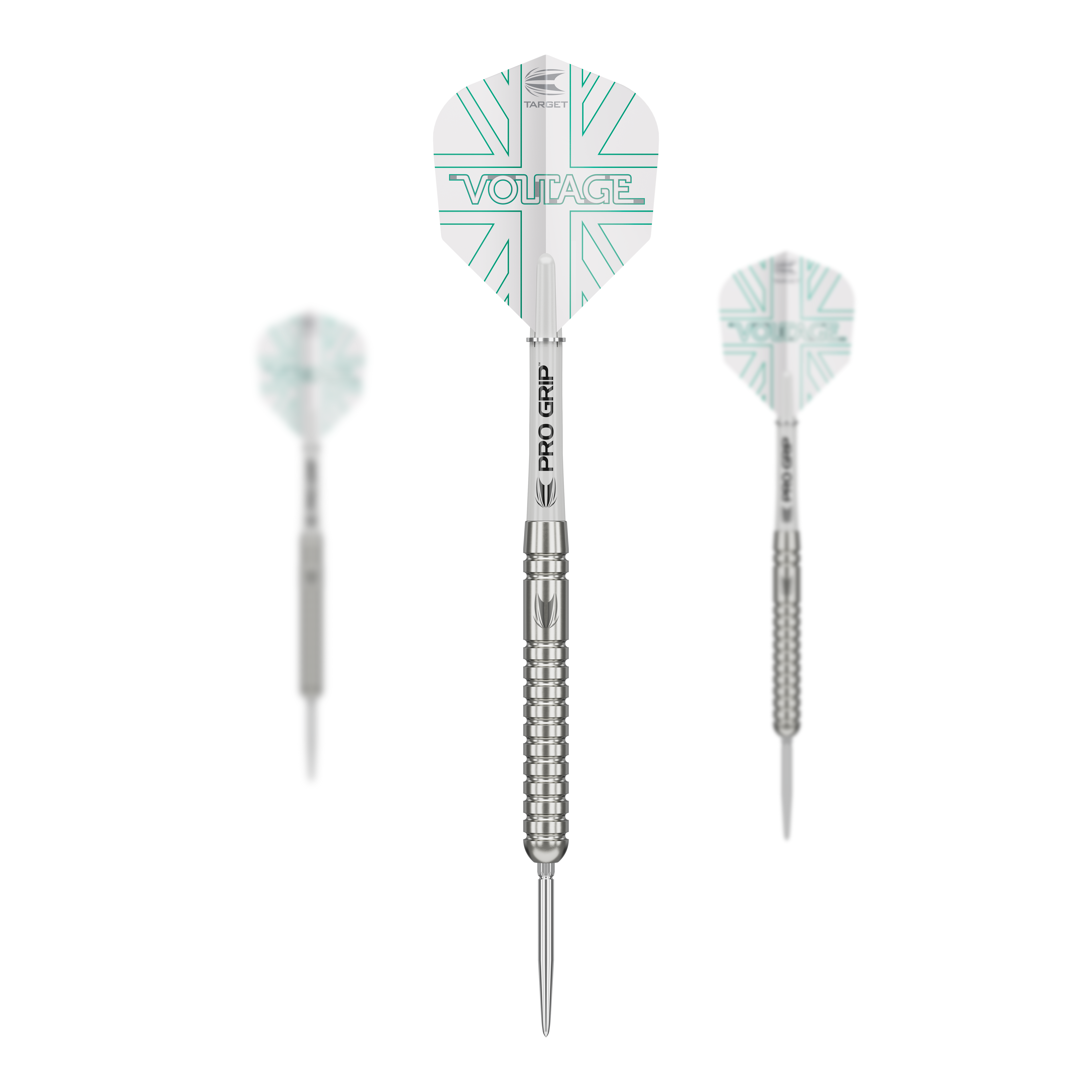 Šipky Target Rob Cross Voltage Swiss Point Steel Das Bild zeigt drei Steeldarts der Marke "Target Rob Cross Voltage Swiss Point". Die Darts haben silberne Spitzen und Schäfte sowie weiße Flights mit türkisen Linien und der Aufschrift "VOLTAGE".