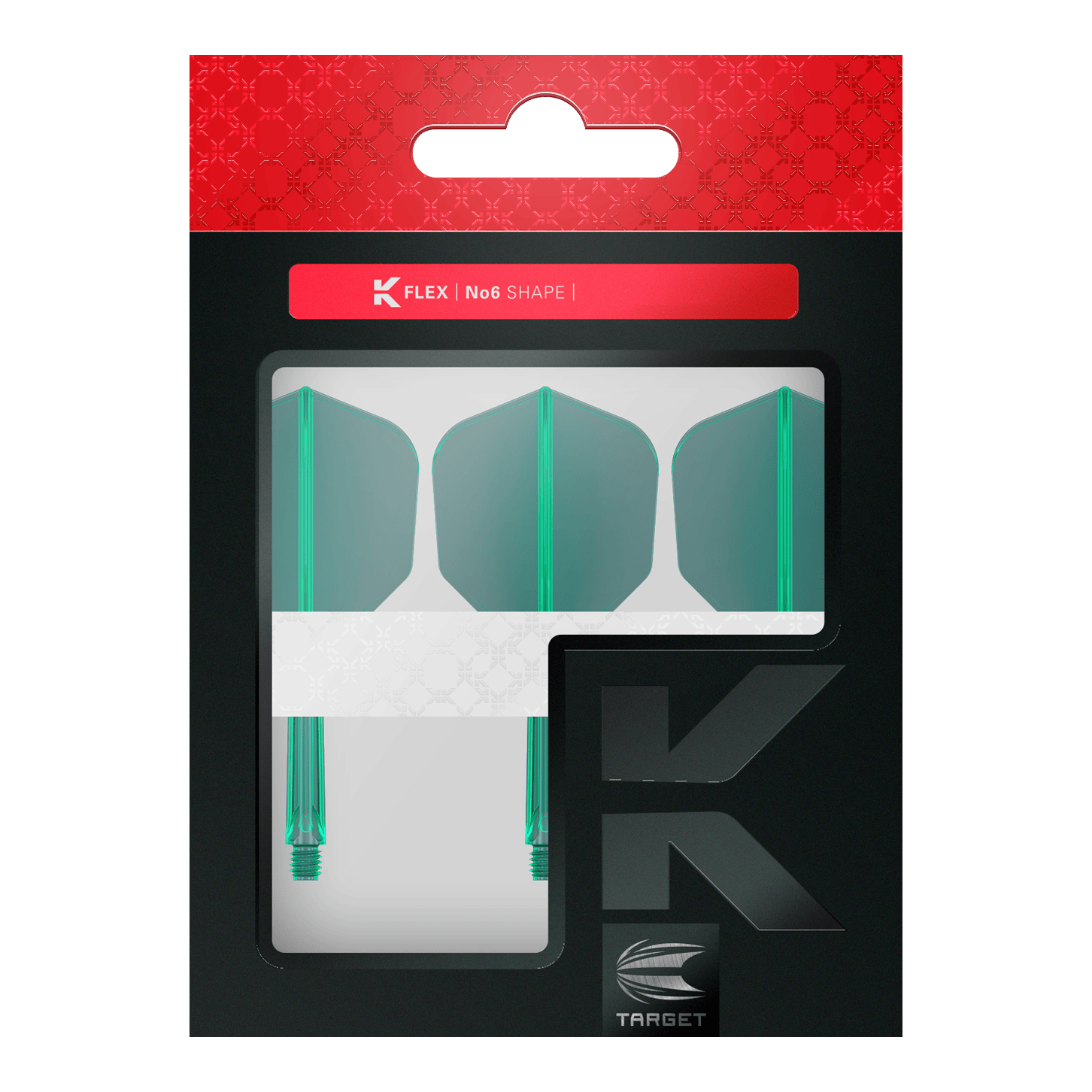 Letový systém Target K-Flex No6 - zelený Das Bild zeigt eine Verpackung mit drei grünen Dartflügen und Schäften der Marke Target. Die Packung trägt die Aufschrift "K FLEX | No6 SHAPE".