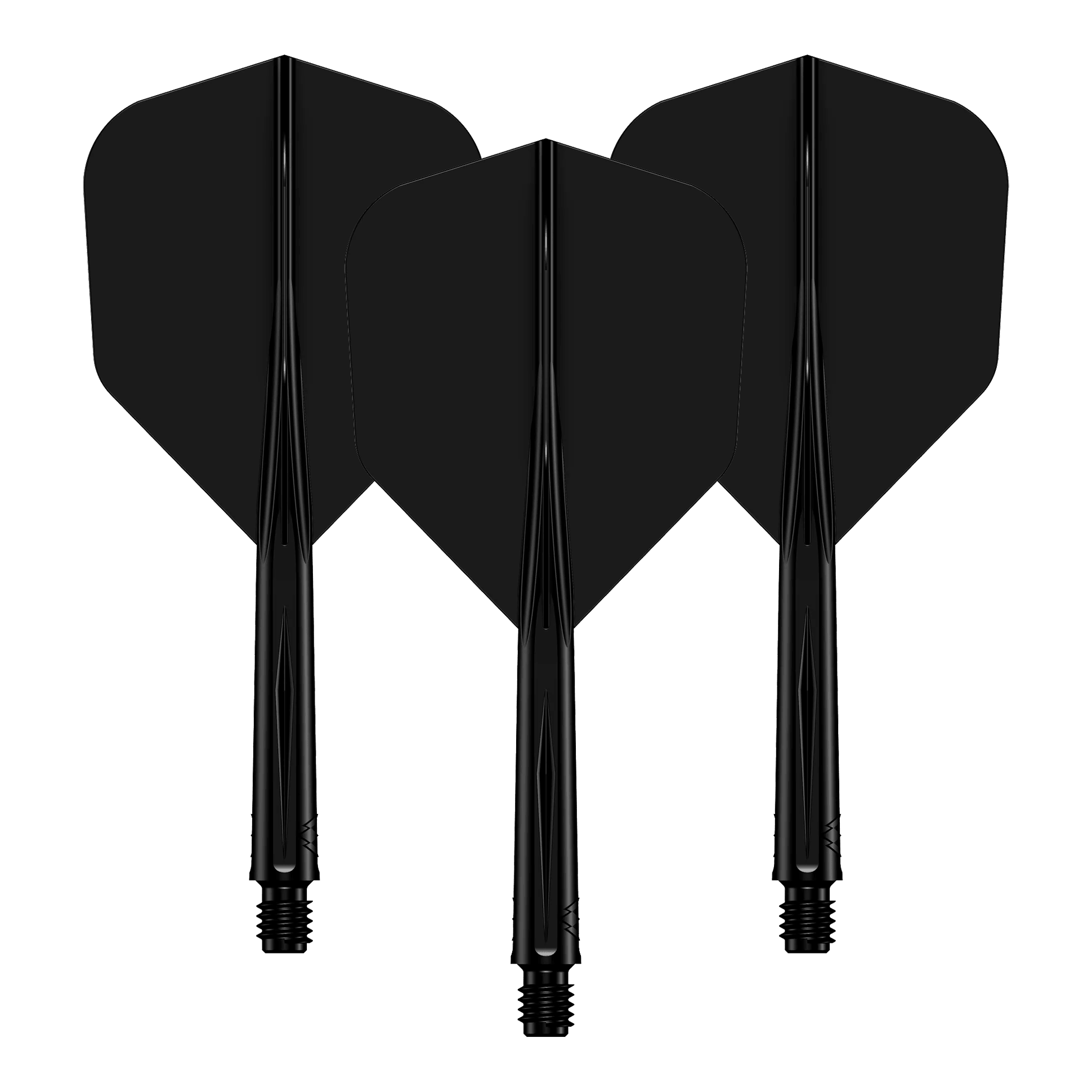 Systém letové hřídele Mission Force 90 No6 - černý Das Bild zeigt drei schwarze Dart-Flights mit daran befestigten Schäften. Sie sind nebeneinander angeordnet und haben ein schlichtes, einfarbiges Design.