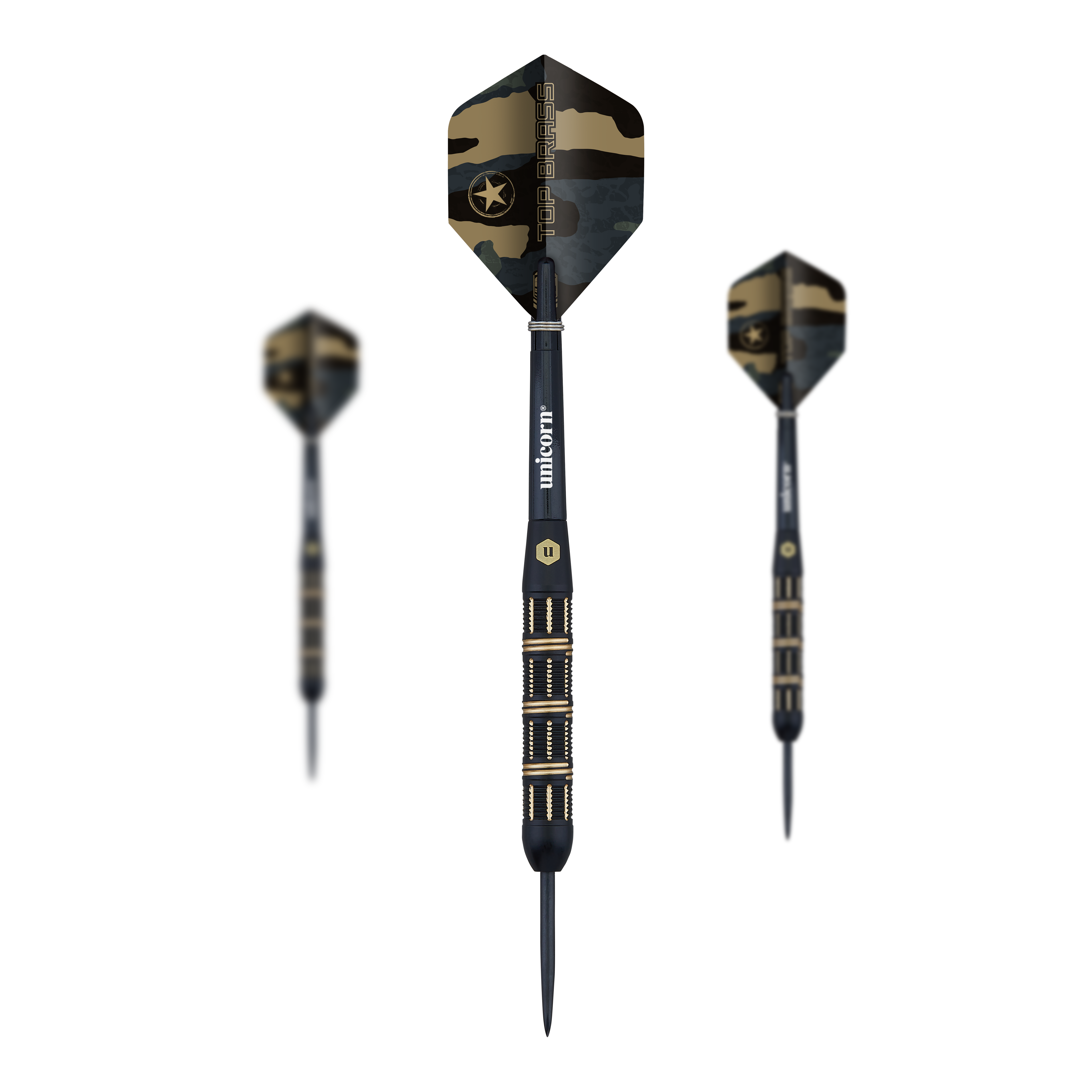 Steeldarts Unicorn Top Brass V3 - 21g Die Abbildung zeigt drei Steeldarts des Modells "Unicorn Top Brass V3" mit einem Gewicht von 21g. Die Darts haben ein schwarzes und goldenes Design mit camouflagegemusterten Flights.
