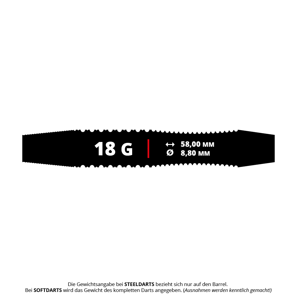Šipky Mission Phantom Brass Soft - 18g Das Bild zeigt die Produktinformationen für die Mission Phantom Brass Softdarts mit einem Gewicht von 18 Gramm. Die Darts haben eine Länge von 58,00 mm und einen Durchmesser von 8,80 mm.