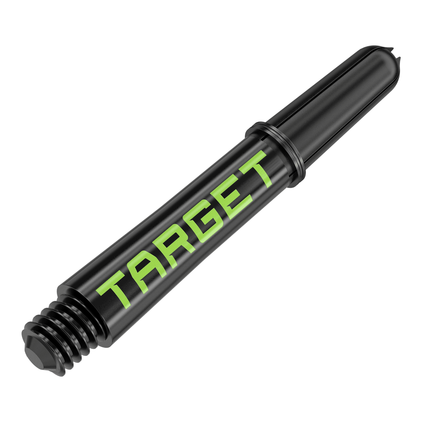 Target Pro Grip TAG Shafts - 3 sady - černo-zelené Dies ist ein schwarzer Dartschaft mit grünem "TARGET"-Schriftzug. Er hat ein Schraubgewinde an einem Ende und ist 34 mm lang.