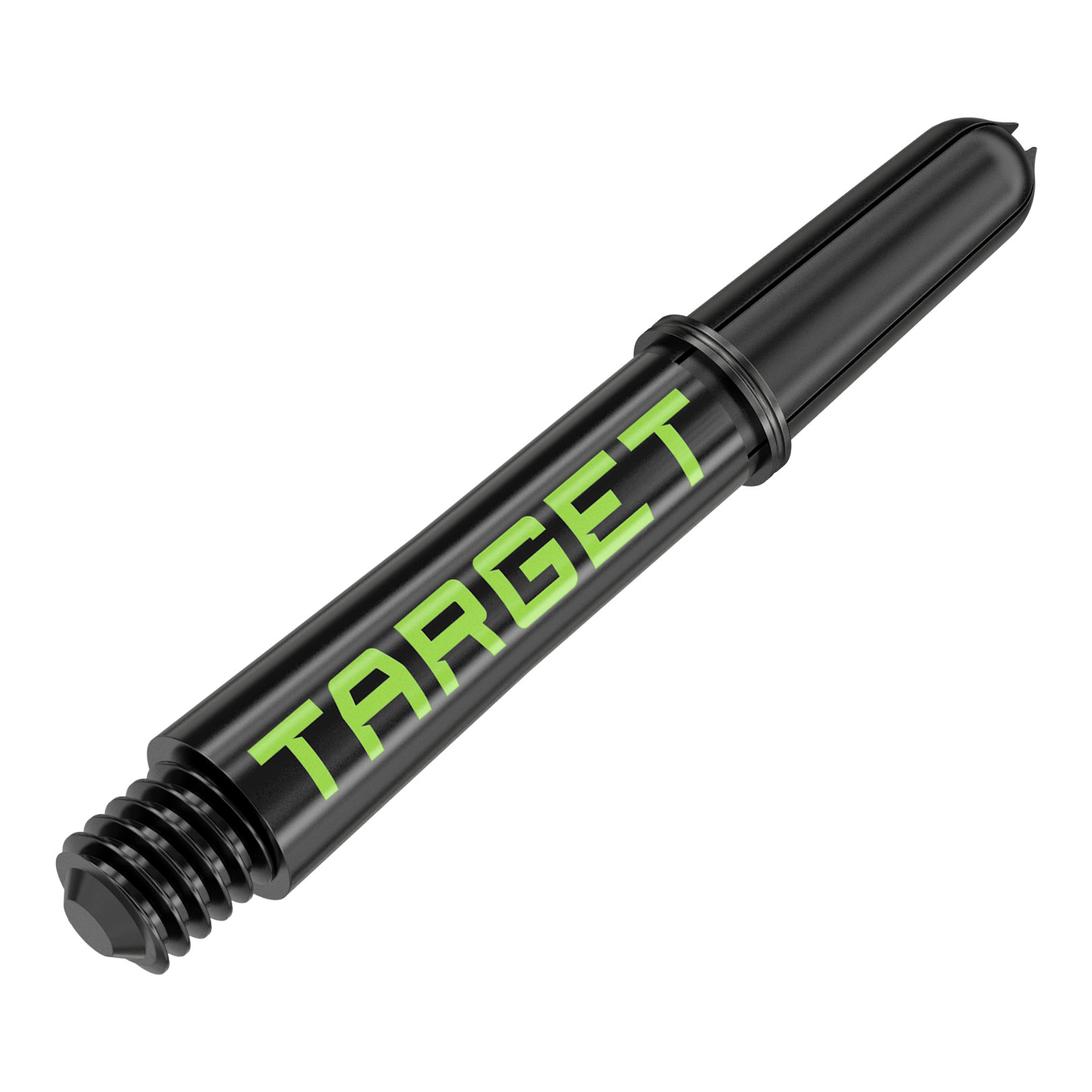 Target Pro Grip TAG Shafts - 3 sady - černo-zelené Zwei Dart-Schäfte desselben Designs liegen nebeneinander. Die solide Ausführung fällt auf.