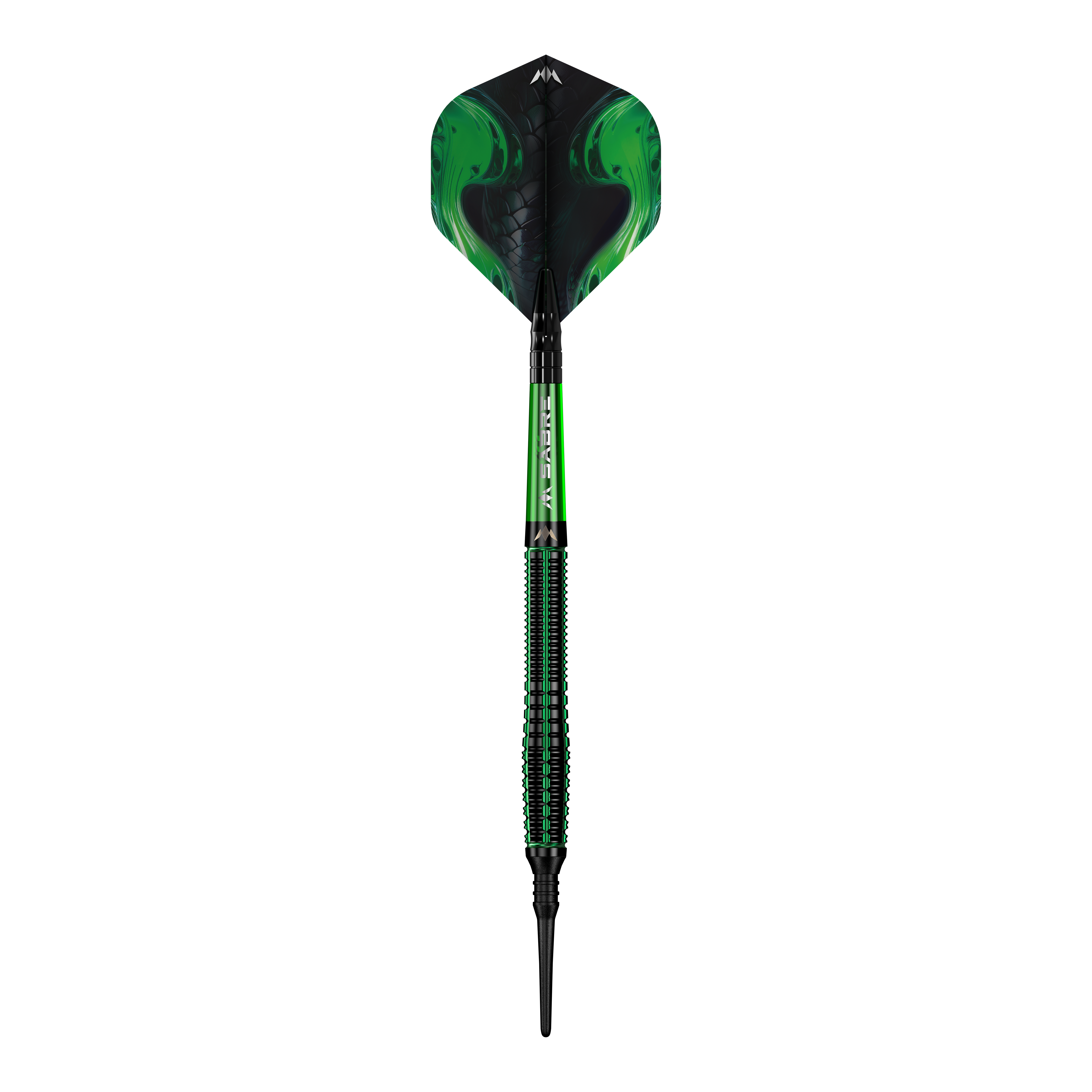 Šipky Mission Venom Softdarts - 20g Das Bild zeigt einen Softdart namens "Mission Venom Softdarts - 20g". Der Dart ist überwiegend schwarz und grün gestaltet und hat ein auffälliges, modernes Design.