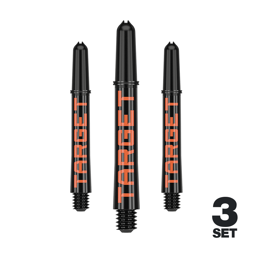 Násadky Target Pro Grip TAG - 3 sady - černo-oranžové Das Bild zeigt drei schwarze Dartschäfte mit orangener Schrift „TARGET“. In der rechten unteren Ecke steht „3 SET“.