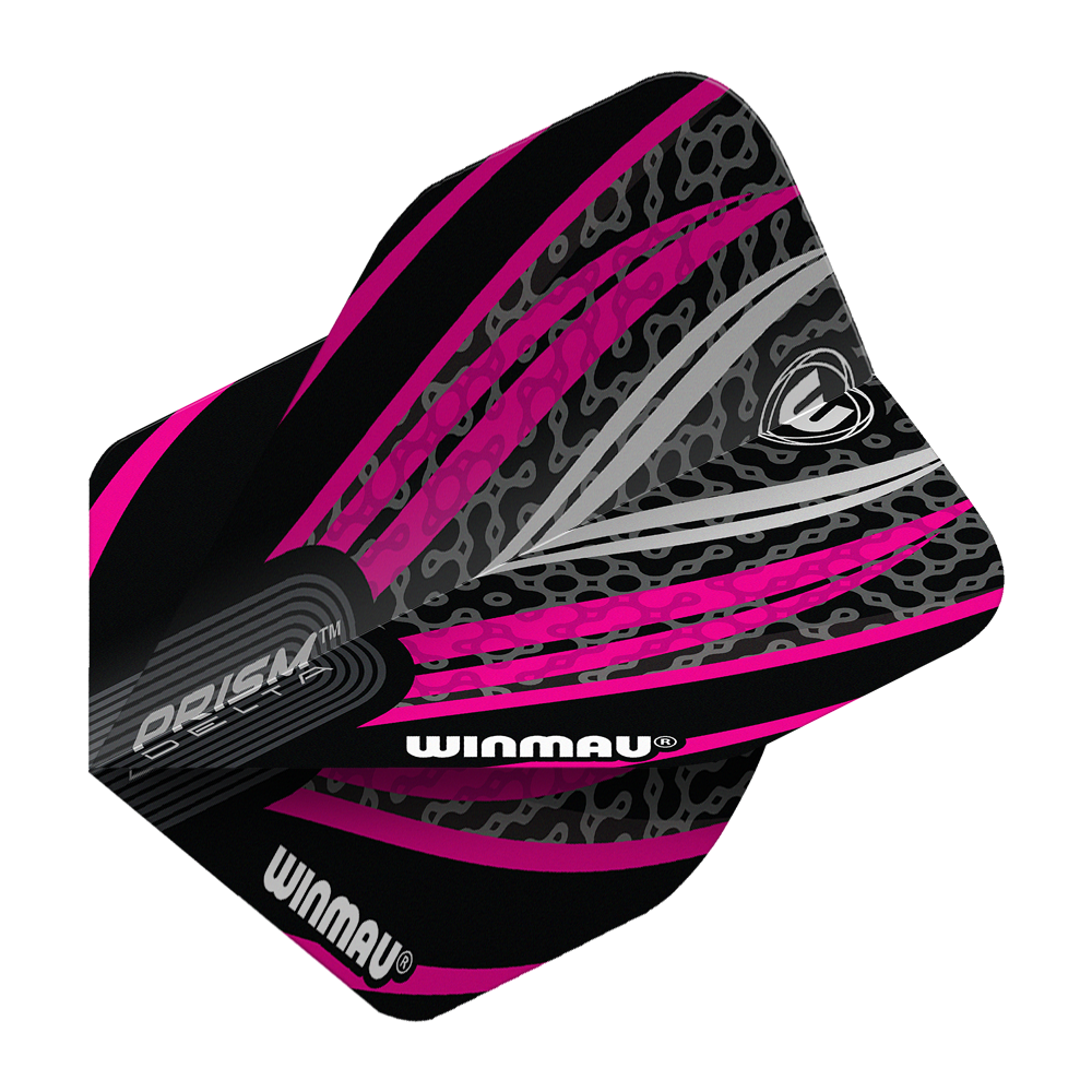 Das Bild zeigt ein Winmau Prism Delta No2 Standard Dartflight in den Farben Schwarz, Weiß und Pink. Das Flight hat ein auffälliges, modernes Design mit grafischen Mustern und dem Winmau-Logo.