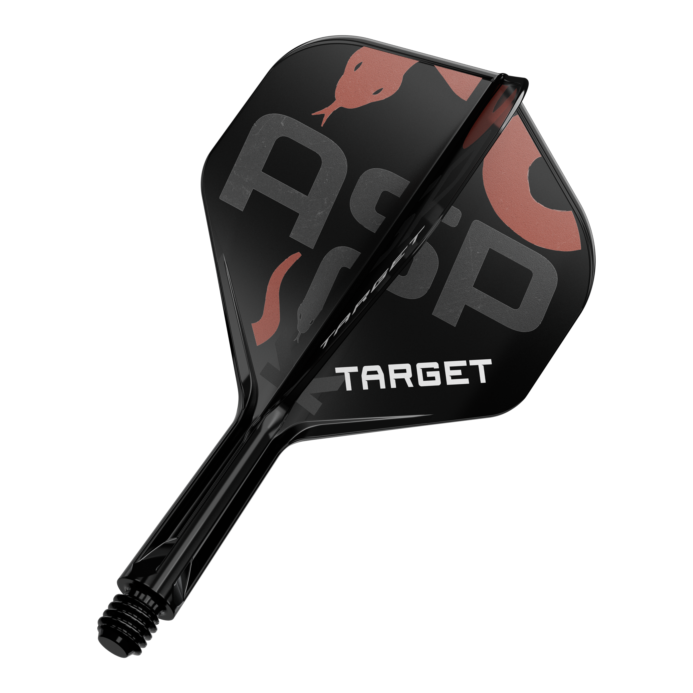 Systém standardních letových hřídelí Target K-Flex Nathan Aspinall No2 Das Bild zeigt ein schwarzes Dart-Flügel- und Schaftsystem mit der Aufschrift "TARGET". Auf dem Flügel sind zudem die Buchstaben "Asp" sowie eine Schlangenabbildung zu sehen.