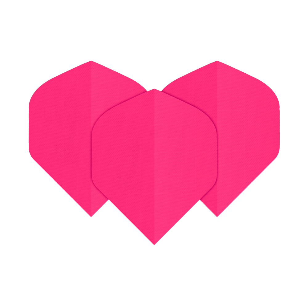 Das Bild zeigt drei Dart-Flights aus Nylon-Stoff in leuchtendem Neon-Pink. Sie sind übereinander angeordnet und haben eine klassische, breite Form.