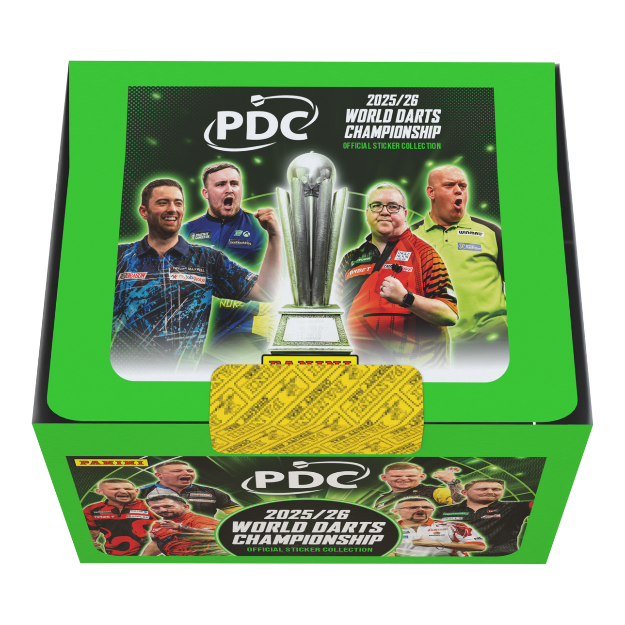 Panini PDC World Darts Championship 2025/26 - Krabička s 65 balíčky samolepek Die Panini PDC World Darts Championship 2025/26 Stickerbox mit 65 Tüten ist zu sehen. Das Bild gibt einen Überblick über die Verpackung und den Inhalt der Box.