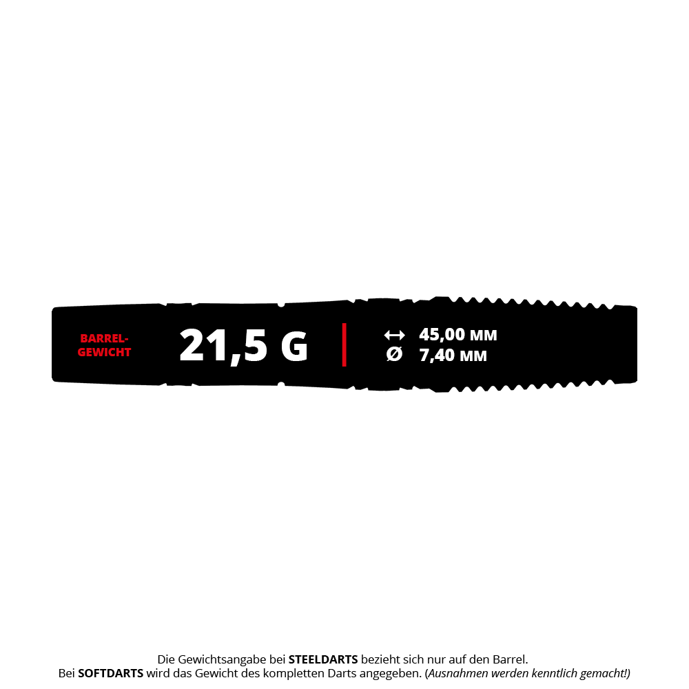Měkké šipky Target Japan Haruki Muramatsu Rising Sun GEN9 2BA - 21,5g Das Bild zeigt die Produktdaten der Target Japan Haruki Muramatsu Rising Sun GEN9 2BA Softdarts mit einem Barrelgewicht von 21,5 Gramm. Die Länge beträgt 45,00 mm und der Durchmesser 7,40 mm.
