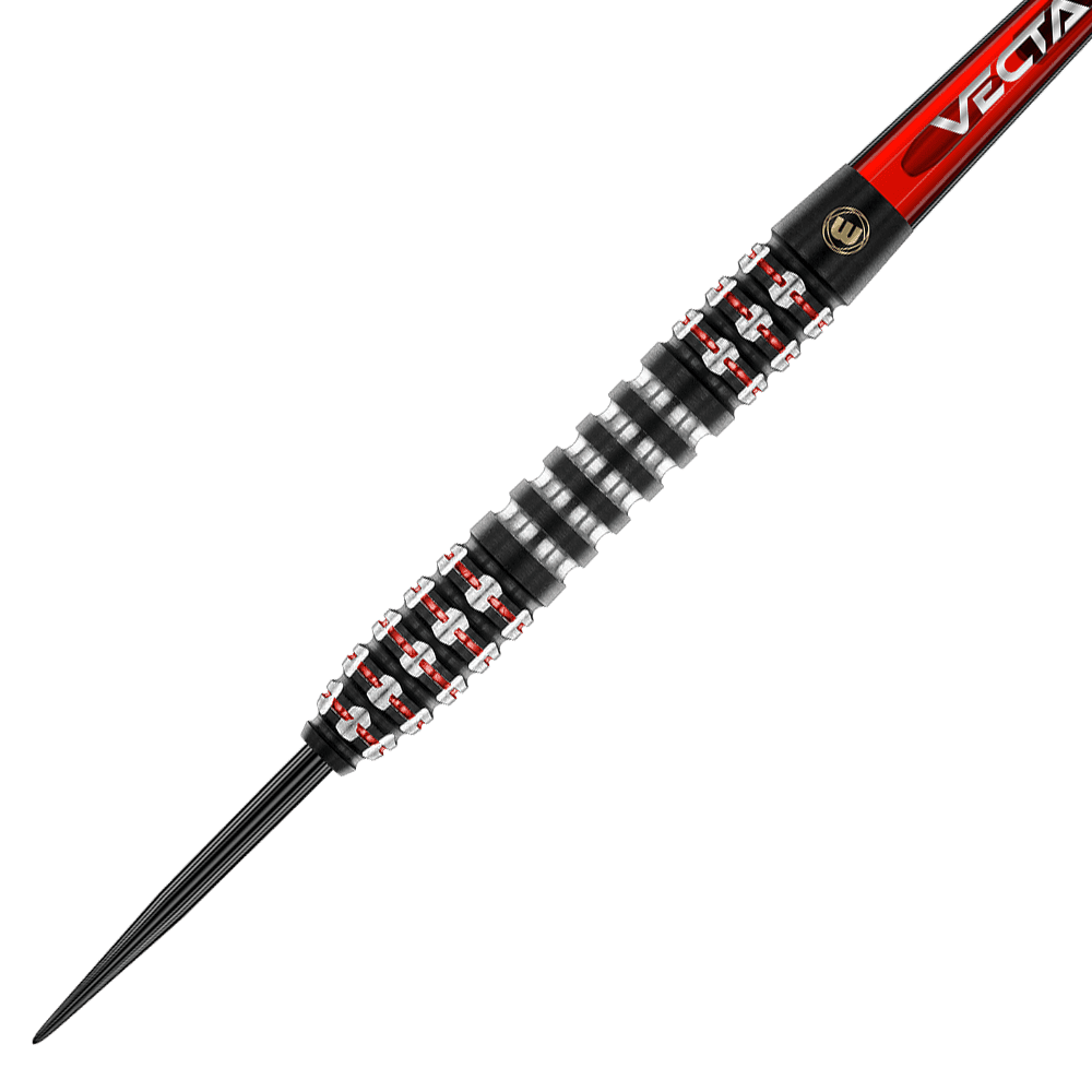 1483_Winmau_Joe_Cullen_Ignition_Series_Steeldarts_2WrUy7HU6NmAFh Das Bild zeigt einen modernen Steeldartpfeil mit einem schwarz-silbernen Griff und roten Akzenten. Der Schaft trägt die Aufschrift „VECTA“ auf rotem Hintergrund.