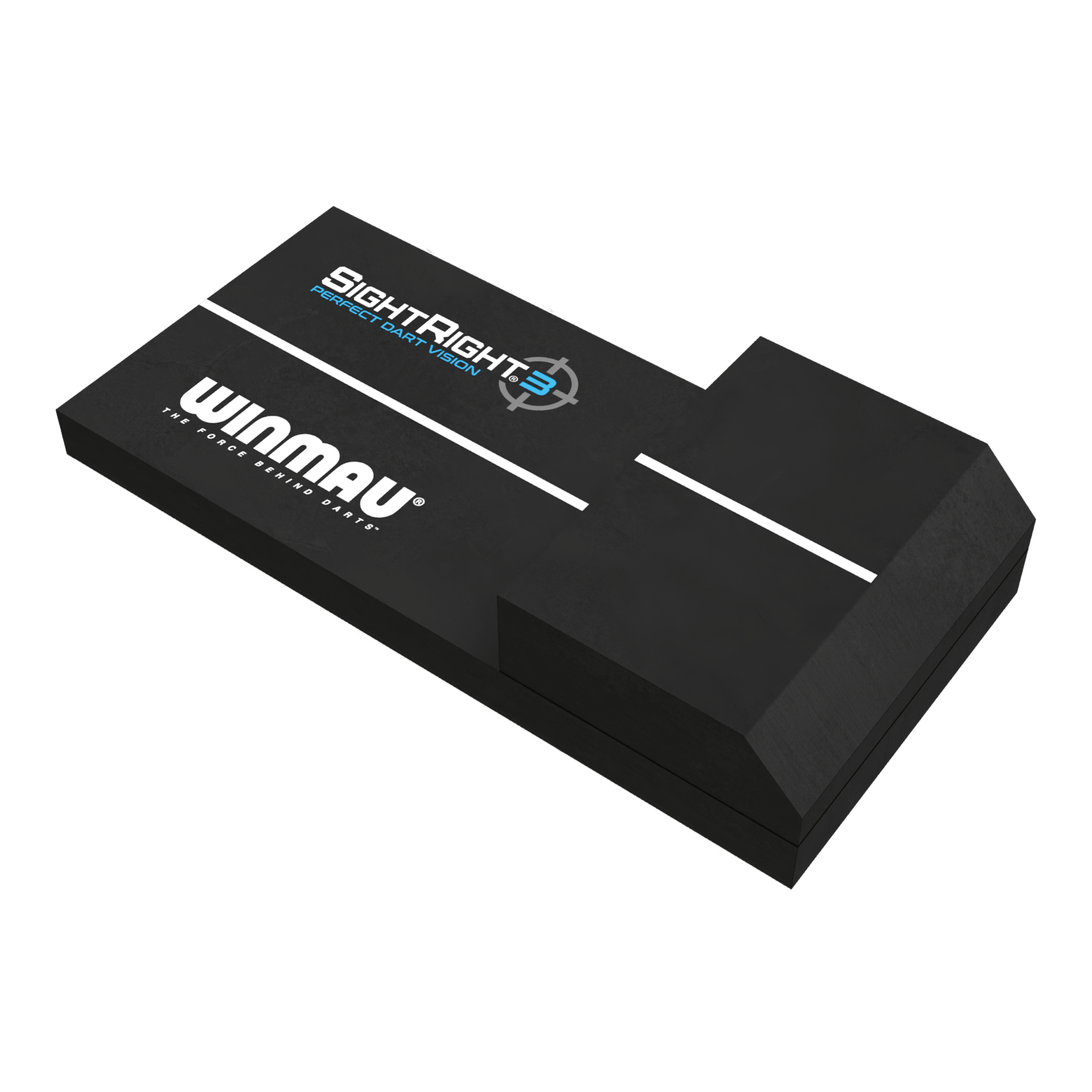 Winmau SightRight 3 - Kompaktní Das Bild zeigt das Produkt "Winmau SightRight 3 - Compact", ein Hilfsmittel für Dartspieler. Es ist schwarz und hat weiße Linien sowie die Aufschriften "Winmau" und "SightRight 3" auf der Oberfläche.