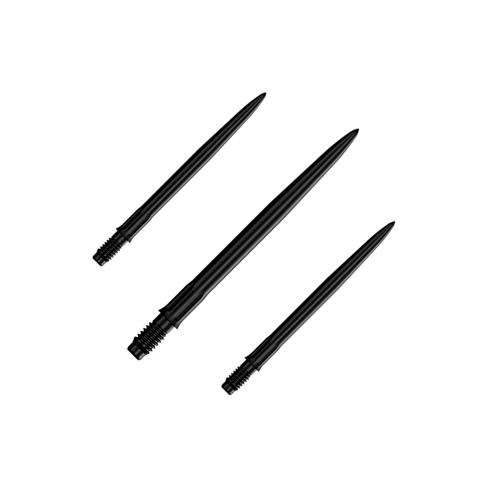 Das Bild zeigt ein Set schwarzer Dartspitzen mit einer Länge von 30 mm. Mehrere Spitzen sind nebeneinander zu sehen.