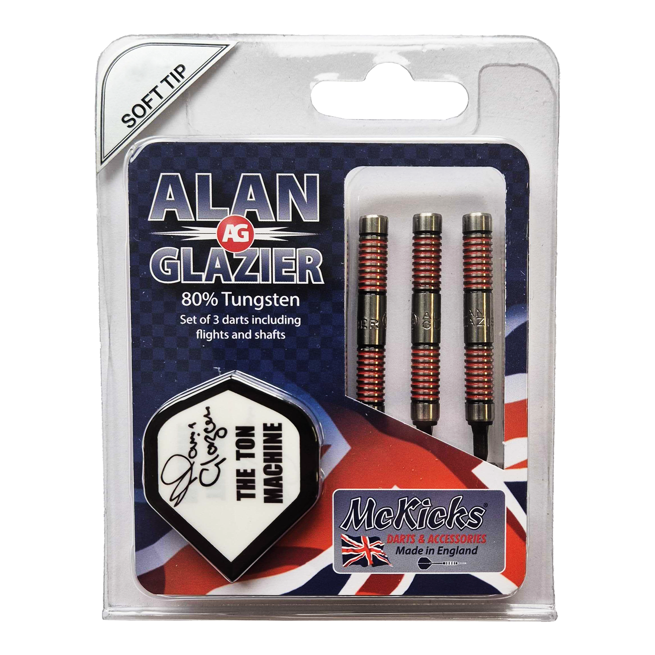 Das Bild zeigt eine Verpackung mit drei Softdarts der Marke McKicks "Alan Glazier Softdarts - 16g". Auf der Verpackung steht, dass die Darts aus 80% Tungsten bestehen und inklusive Flights und Shafts geliefert werden.