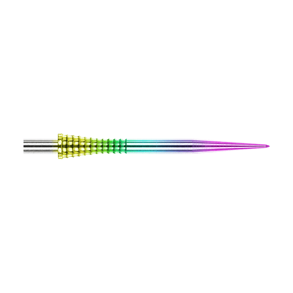 Ocelové hroty na šipky Red Dragon Raptor Gripped Rainbow 30mm Auf dem Bild ist eine Red Dragon Raptor Gripped Rainbow Steeldartspitze mit einer Länge von 38 mm zu sehen. Die Spitze besitzt einen farbigen Regenbogeneffekt und eine geriffelte Grifffläche.