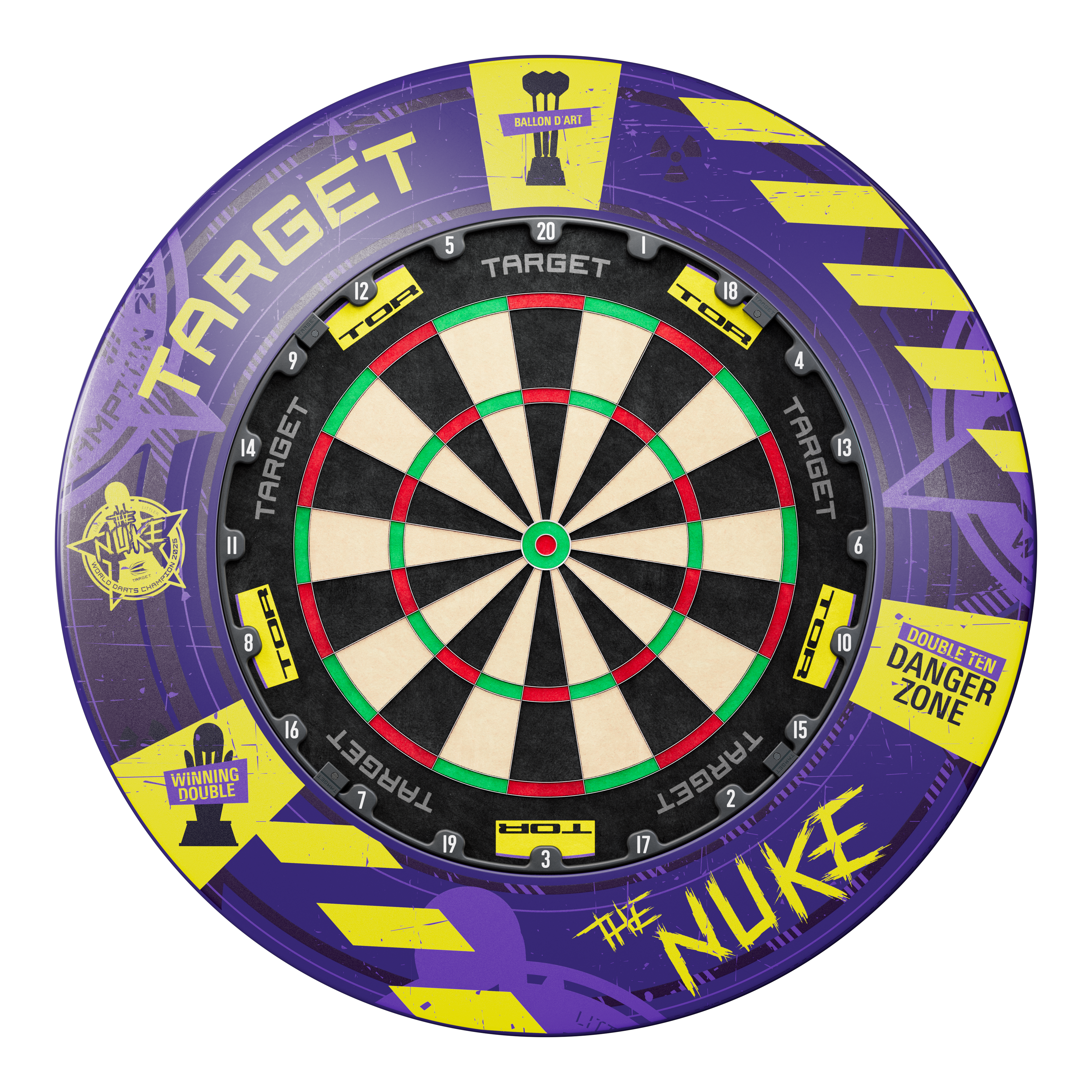 Das Bild zeigt ein Dartboard-Bundle mit einem farbenfrohen Surround im Luke Littler World Champion 2025 Design. Auf dem Surround stehen Begriffe wie "Target", "The Nuke" und verschiedene grafische Elemente und Symbole.