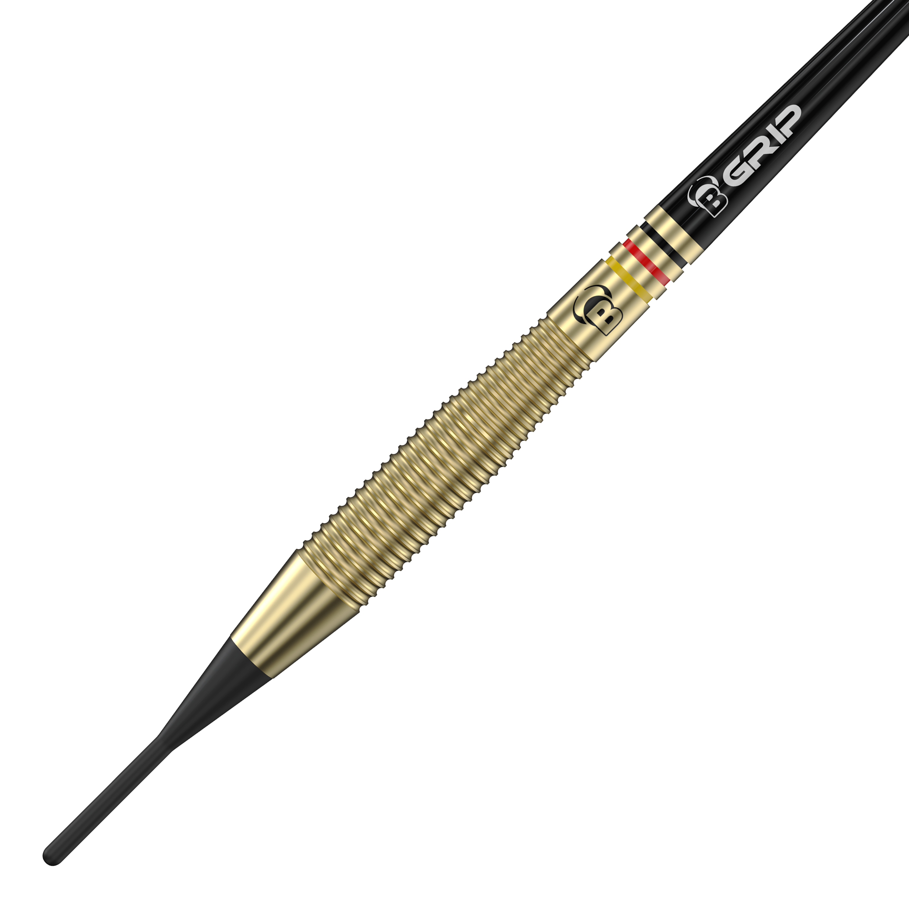 Das Bild zeigt einen Bulls Martin Schindler The Wall Brass Softdart mit einem Gewicht von 18g. Der Dartpfeil hat einen goldfarbenen, geriffelten Messingkörper und eine schwarze Softspitze.