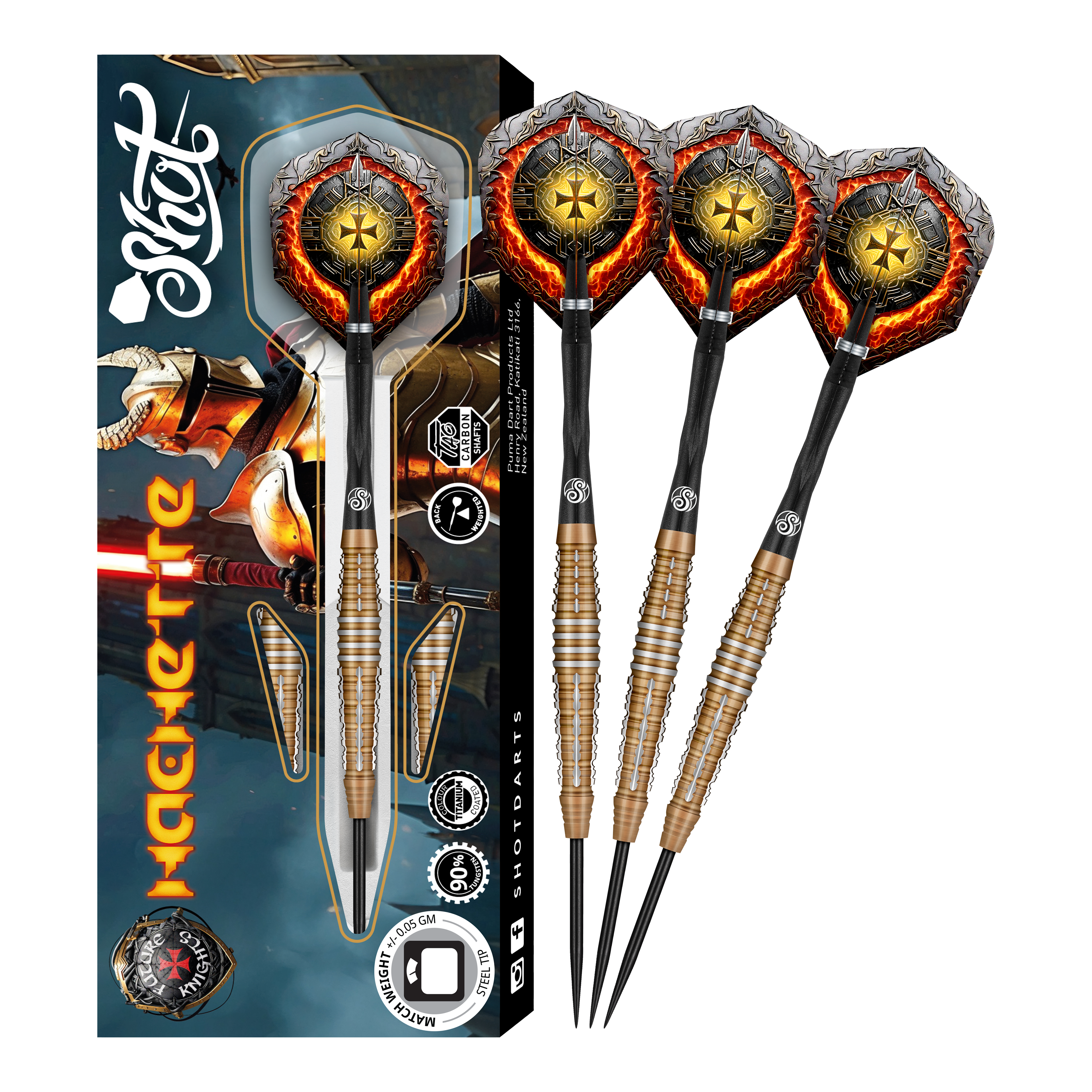 Das Bild zeigt ein Set von Steeldarts namens "Shot Future Knights Hachette". Die Pfeile haben auffällige Flights mit einem Ritter-Motiv und werden zusammen mit einer passenden Verpackung präsentiert.