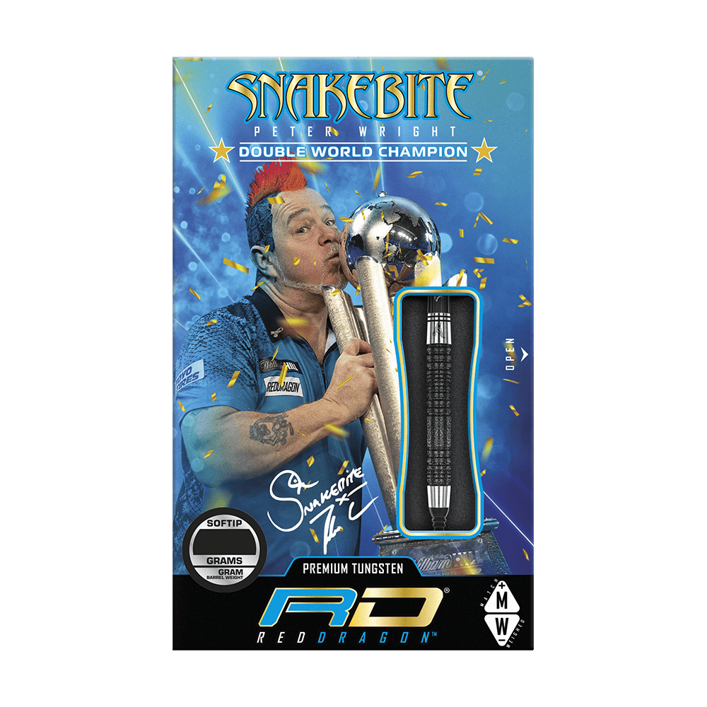 RD2411_Red_Dragon_Peter_Wright_Double_World_Champion_SE_Black_Softdarts_3 Die Verpackung zeigt die "Red Dragon Peter Wright Double World Champion SE Black Softdarts - 20g" mit einem Bild von Peter Wright und seinem Weltmeistertitel. Ein Dartpfeil ist durch ein Sichtfenster sichtbar dargestellt.