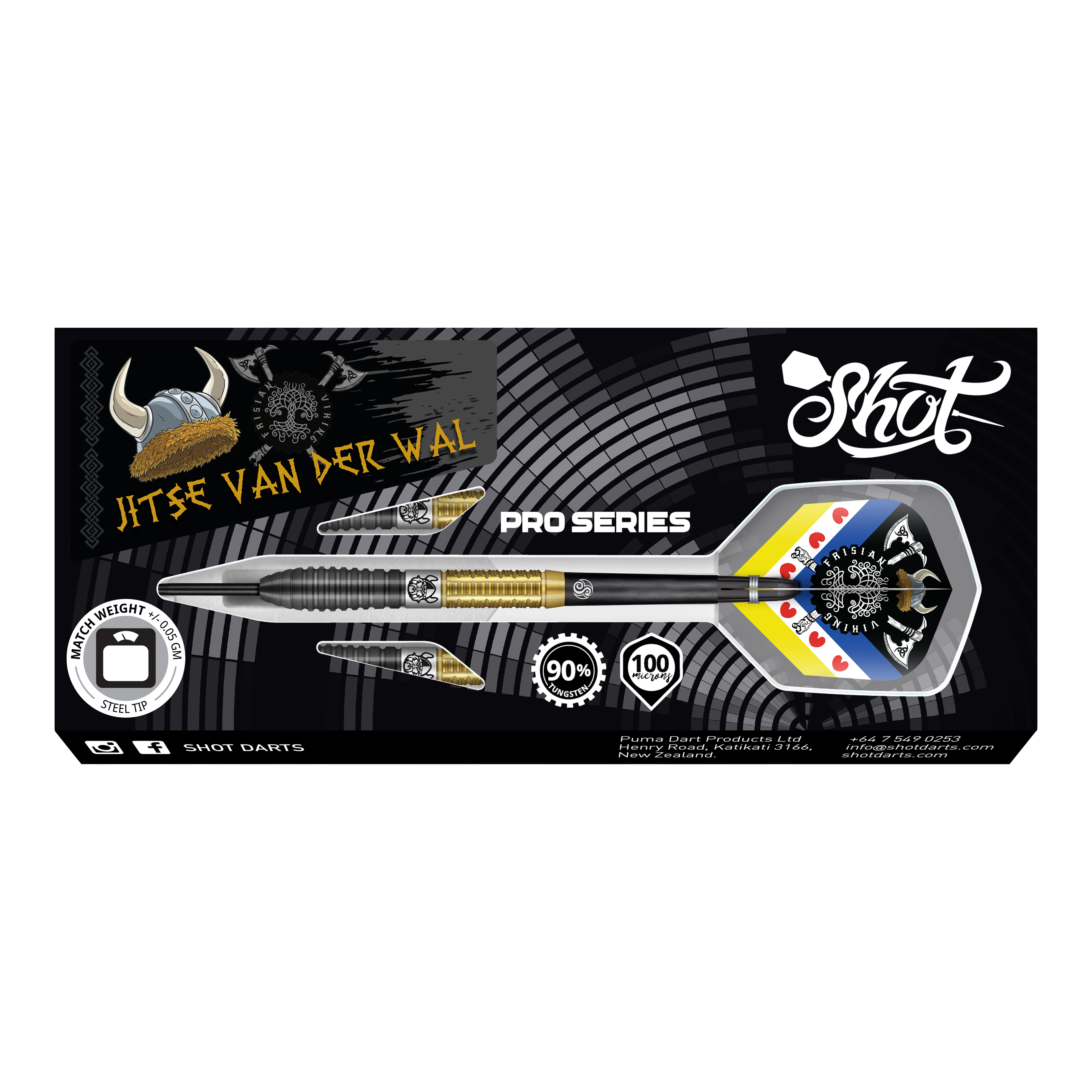 Das Bild zeigt die Verpackung der "Shot Pro Series Jitse Van Der Wal Steeldarts - 24g". Auf der Verpackung ist ein Steeldart mit buntem Flight und markanten Verzierungen abgebildet.