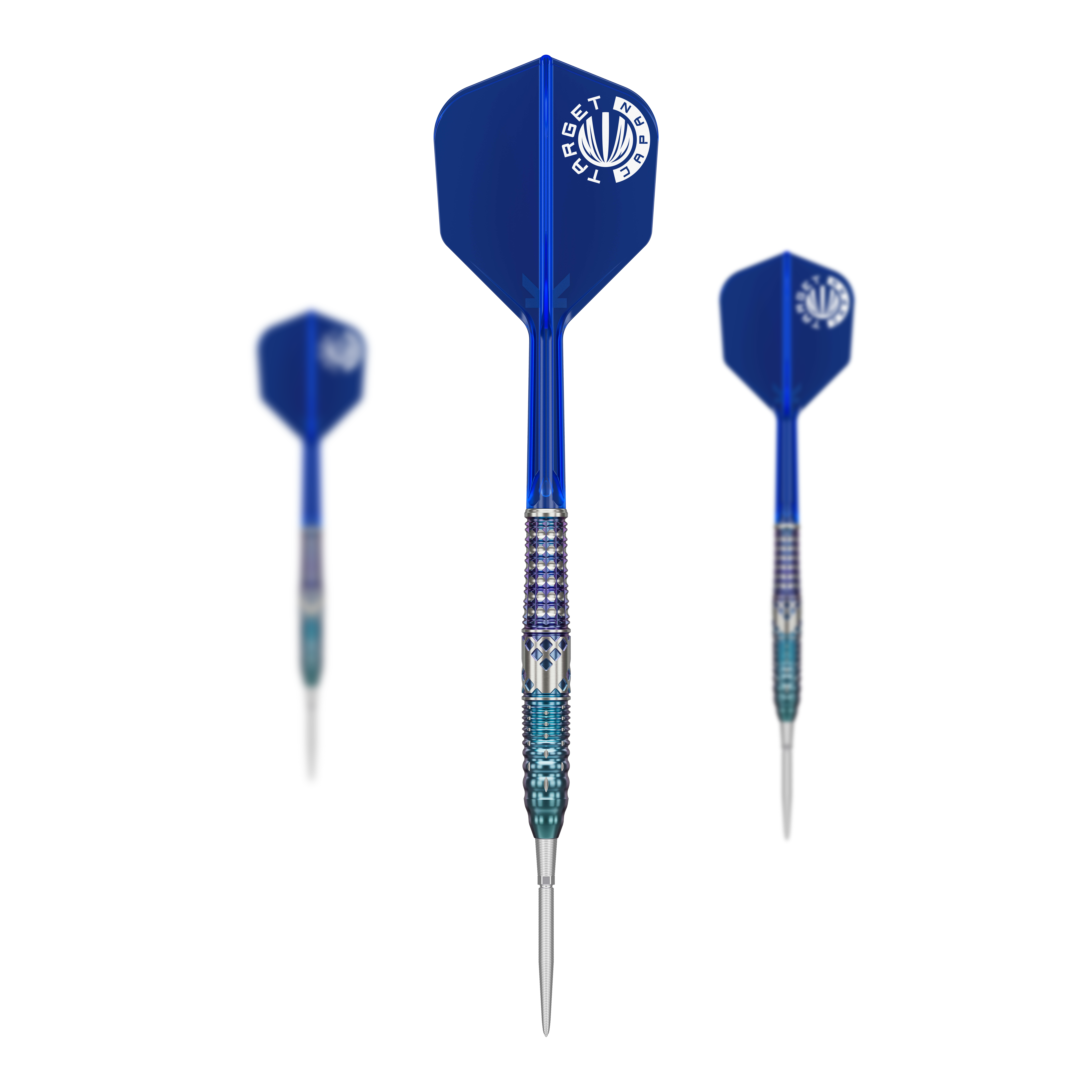 Das Bild zeigt drei Steeldarts mit blauen Flights und silber-blauen Schäften. In der Mitte ist der Dart „Target Japan Cathy Leung Charis GEN5 SP Steeldarts - 22g“ von vorne zu sehen.