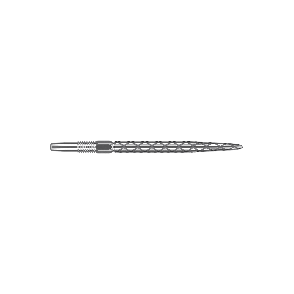 Zaměřte hroty šipek Swiss Diamond Pro Silver Points Das Bild zeigt eine silberne Dartspitze mit einem rautenförmigen Muster. Sie ist lang und schmal gefertigt und hat eine glatte, glänzende Oberfläche.