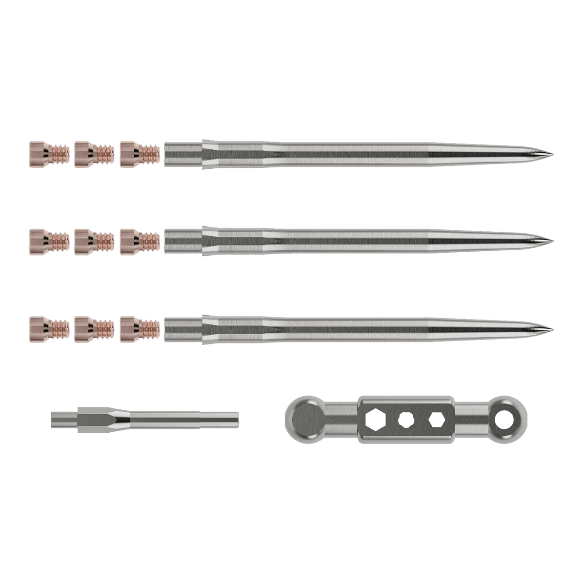 Startovací sada Caliburn Das Bild zeigt das Caliburn Starter-Kit mit mehreren metallischen Komponenten. Zu sehen sind lange, spitze Stäbe, kleine Schrauben sowie zwei weitere Werkzeugteile.