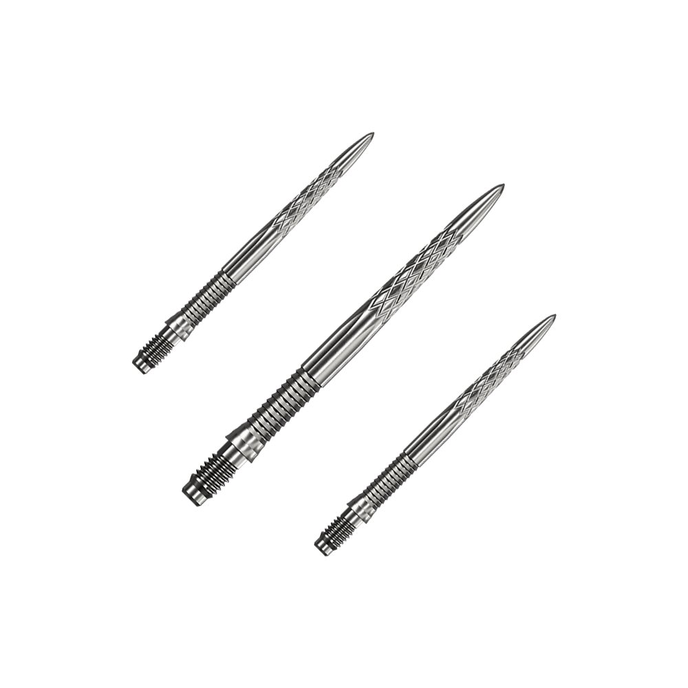 Das Bild zeigt Mission R25 Rapid Point DSX Dartspitzen in Silber mit einer Länge von 30mm, als Set verpackt. Die Dartspitzen sind speziell für den Dartsport entwickelt.