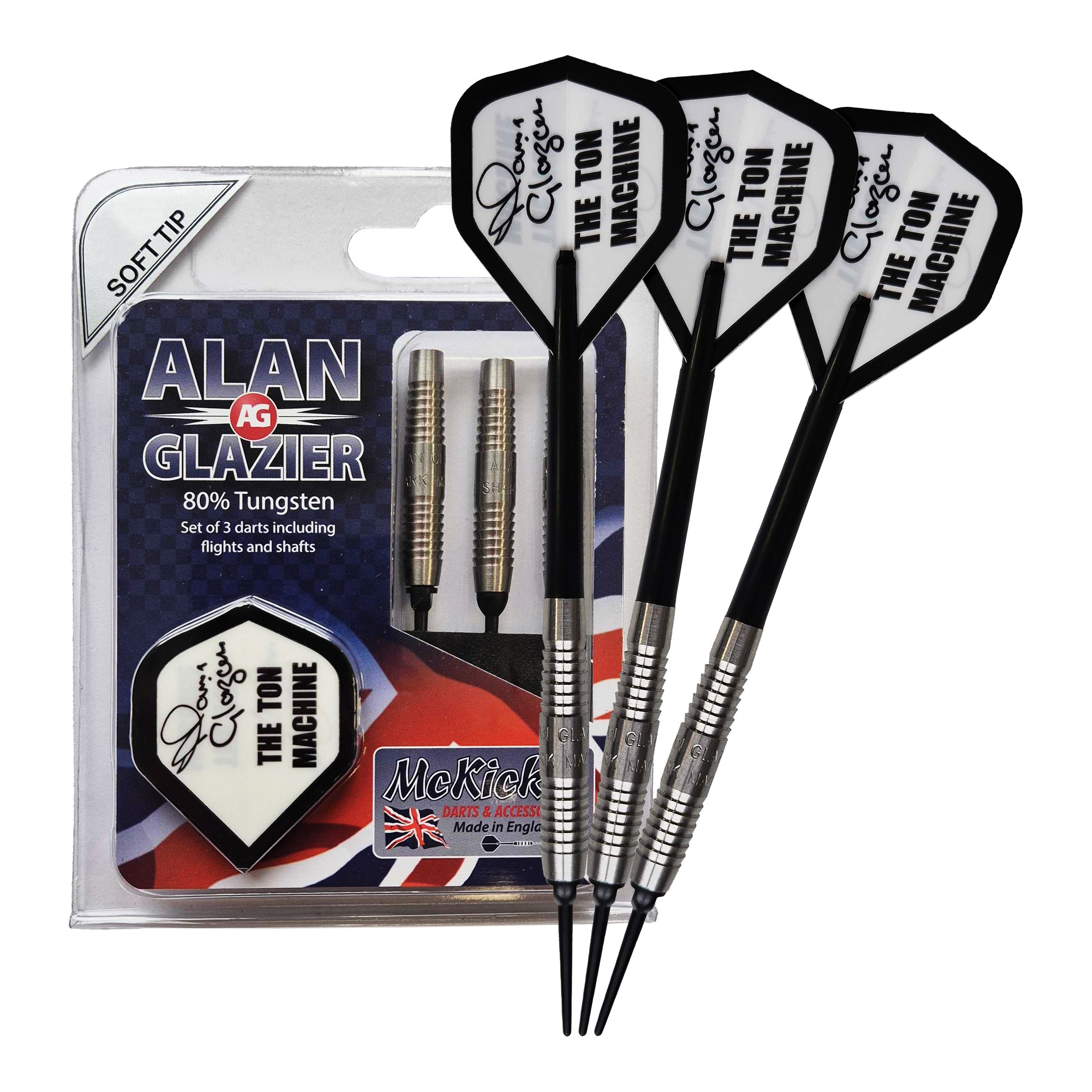 Das Bild zeigt ein Set von drei Softdarts mit der Aufschrift "McKicks Alan Glazier Shark Machine Softdarts". Die Verpackung hebt hervor, dass die Darts zu 80% aus Tungsten bestehen und "The Ton Machine" Flügel besitzen.