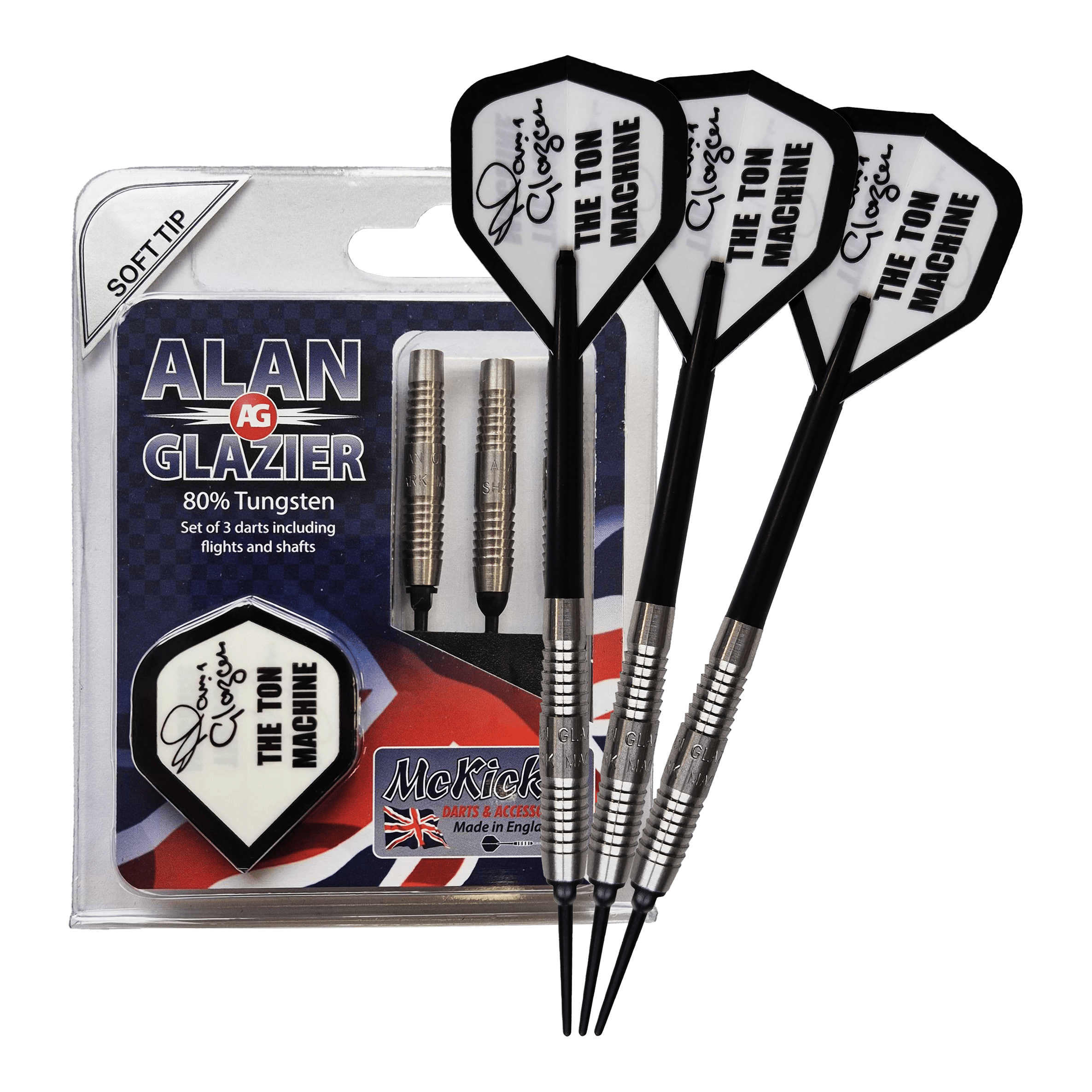 McKicks Alam Glazier Shark Machine měkké šipky Das Bild zeigt ein Set von drei Softdarts mit der Aufschrift "McKicks Alan Glazier Shark Machine Softdarts". Die Verpackung hebt hervor, dass die Darts zu 80% aus Tungsten bestehen und "The Ton Machine" Flügel besitzen.