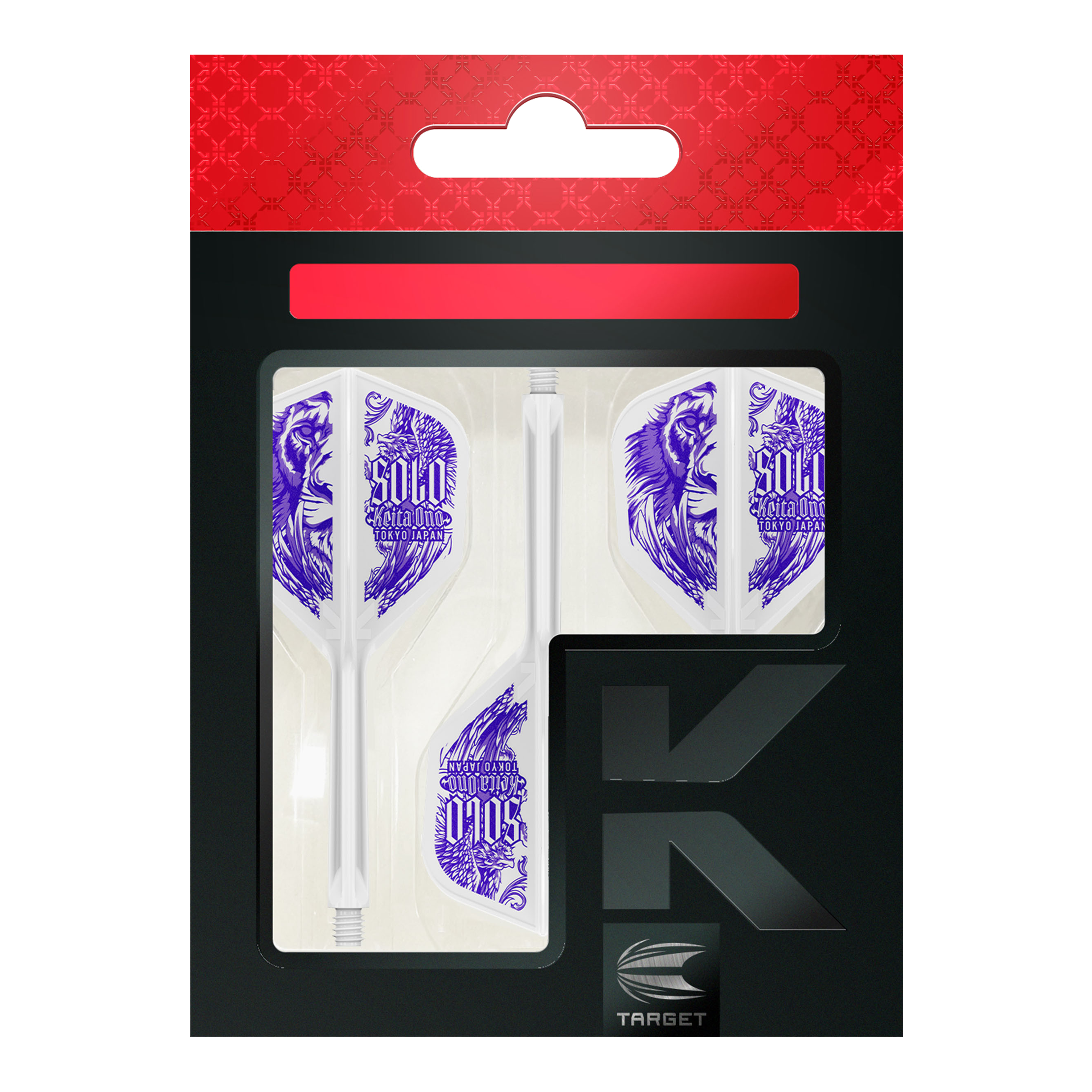 Die Abbildung zeigt das Produkt „Target Japan K-Flex Keita Ono Solo No6 Flight-Shaft-System“. In der Verpackung sind weiße Dart-Flights mit violettem Löwenmotiv und Beschriftung zu sehen.