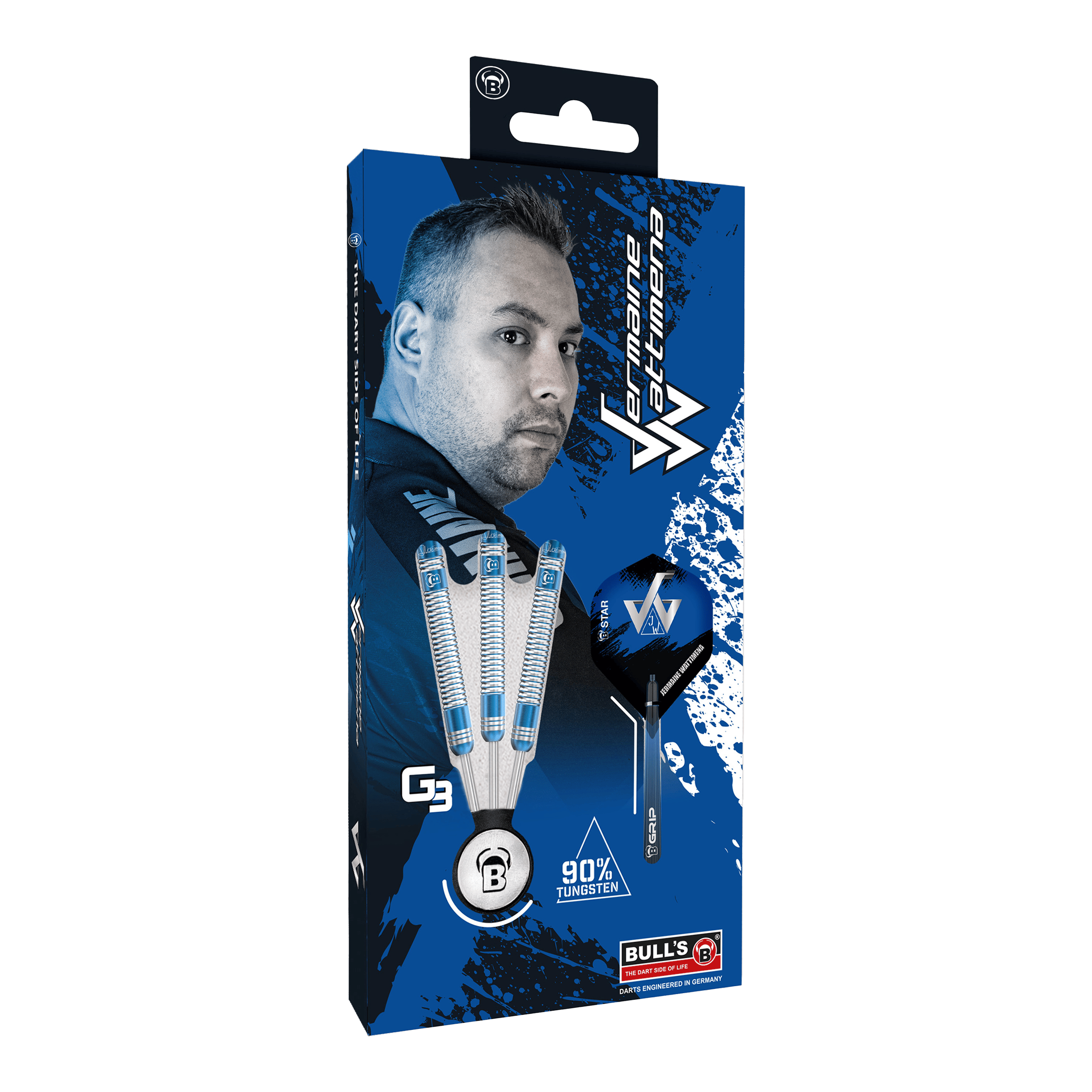 Ocelové šipky Bulls Jermaine Wattimena Generation 3 Die Verpackung zeigt die Bulls Jermaine Wattimena Generation 3 Steeldarts mit 90% Tungsten. Auf der Vorderseite ist ein Bild von Jermaine Wattimena und die drei Darts abgebildet.