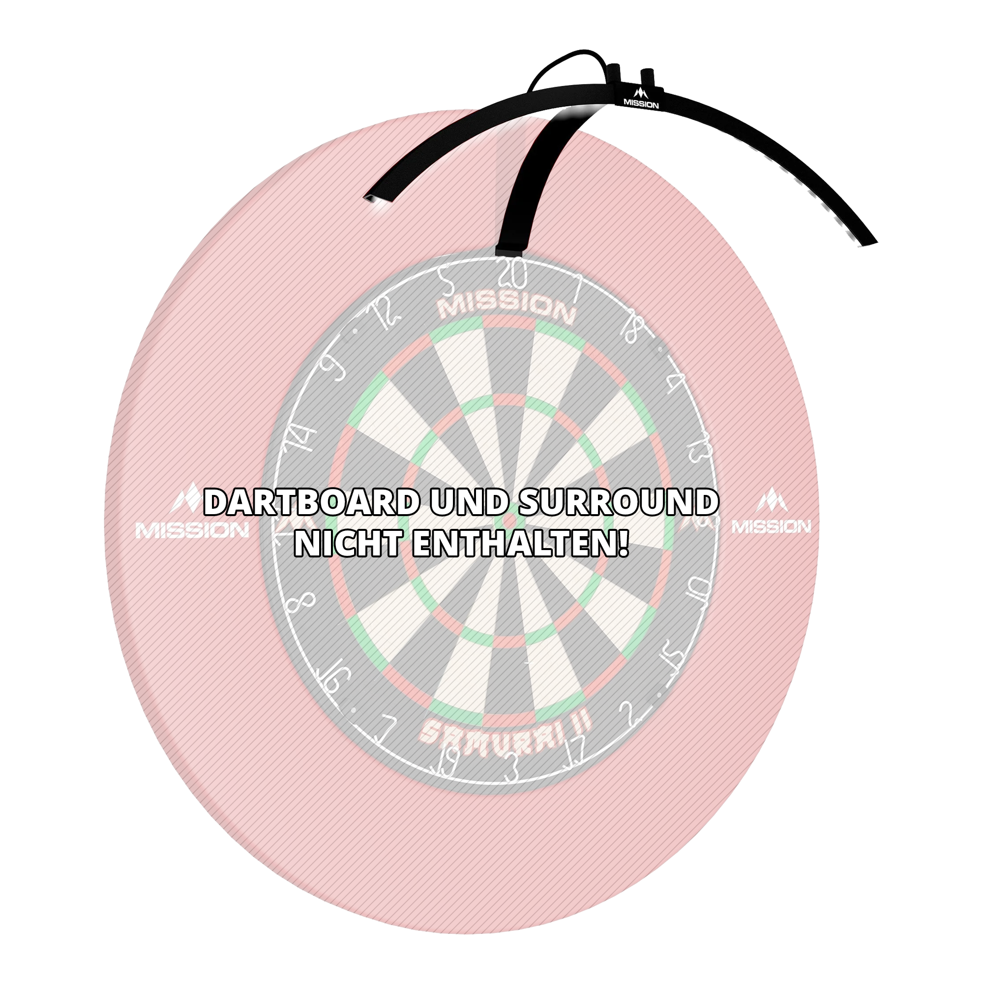 Das Bild zeigt die faltbare LED Dartboard Beleuchtung "Mission Torus 100", die über einem Dartboard platziert ist. Ein Hinweis weist darauf hin, dass das Dartboard und das Surround nicht enthalten sind.