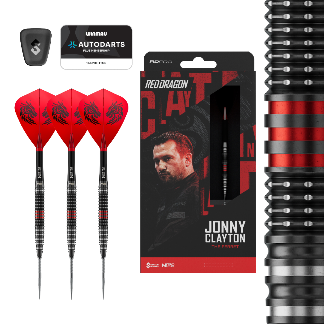 Šipky Red Dragon Jonny Clayton RD-PRO Switch Point ocelové Dieses Bild zeigt die Red Dragon Jonny Clayton RD-PRO Switch Point Steeldarts. Die Darts liegen auf einem hellen Hintergrund.
