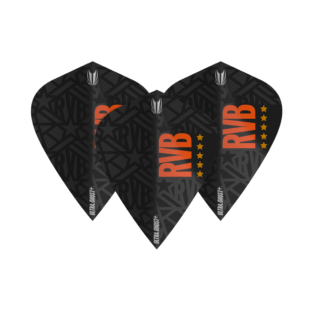 Das Bild zeigt drei schwarze Dartflights mit dem Schriftzug "RVB" in orange und einem Muster im Hintergrund. Die Flights tragen zusätzlich die Aufschrift "ULTRA GHOST+" und sind mit fünf Sternen versehen.