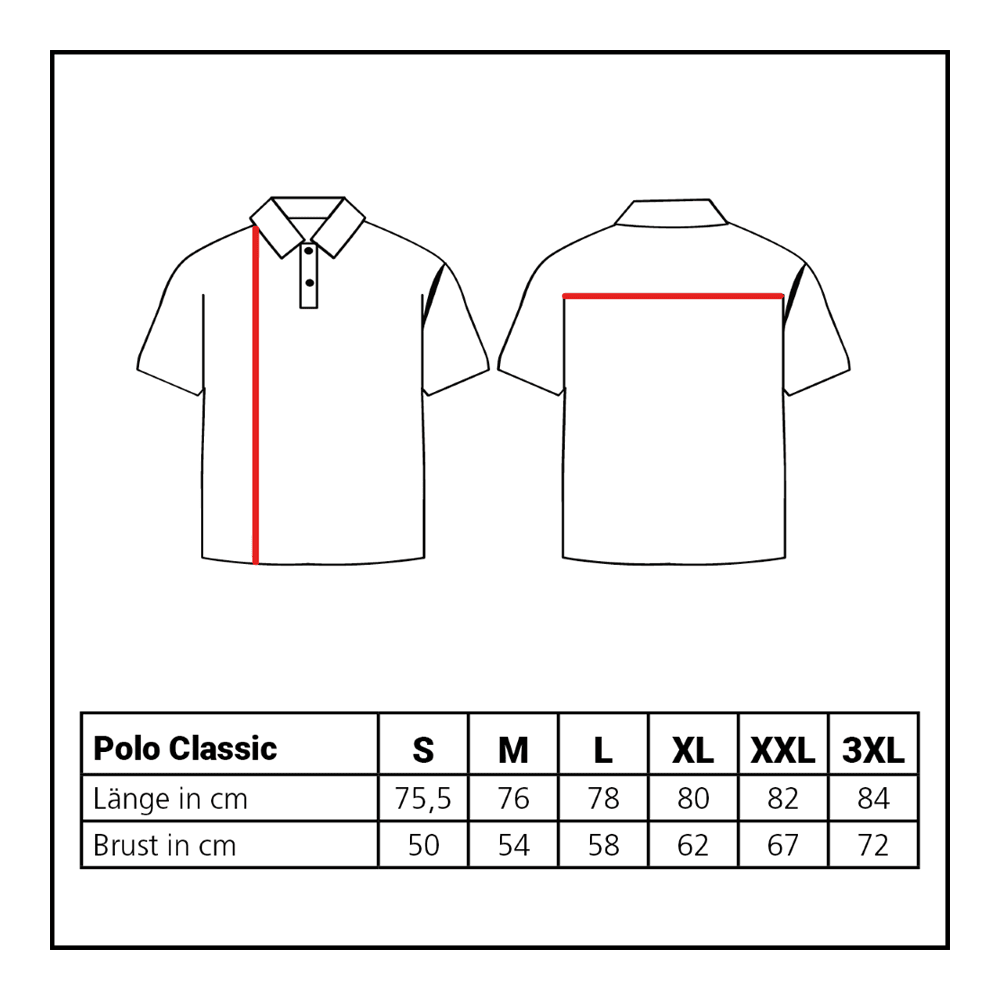 Klasické polo tričko Lion Collection Das Bild zeigt das Löwen Kollektion Polo Classic. Dargestellt wird eine Übersicht oder Tabelle des Poloshirts.