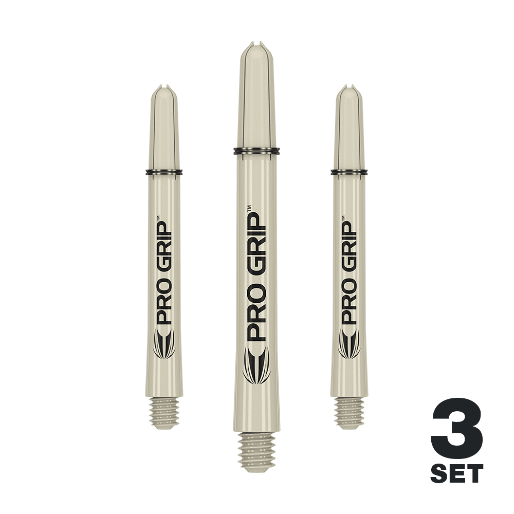 Auf dem Bild sind drei sandfarbene Pro Grip Dartschäfte zu sehen. Unten rechts steht "3 Set", was auf ein Set aus drei Stück hinweist.