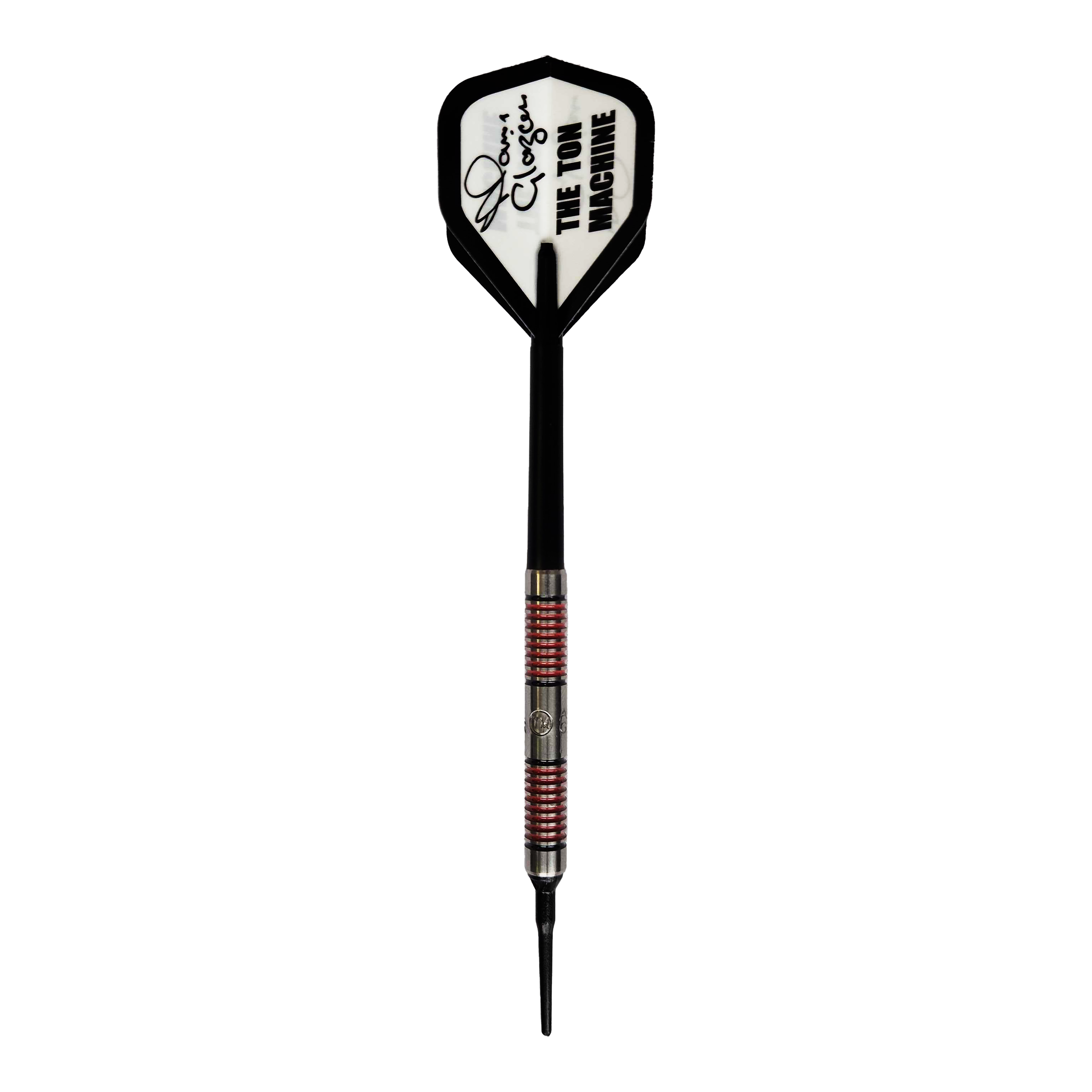 Auf dem Bild ist ein McKicks Alam Glazier Softdart mit einem Gewicht von 16g zu sehen. Der Dart hat eine schwarze Spitze, einen silbernen und roten Griff und ein weißes Flight mit der Aufschrift "THE TON MACHINE".